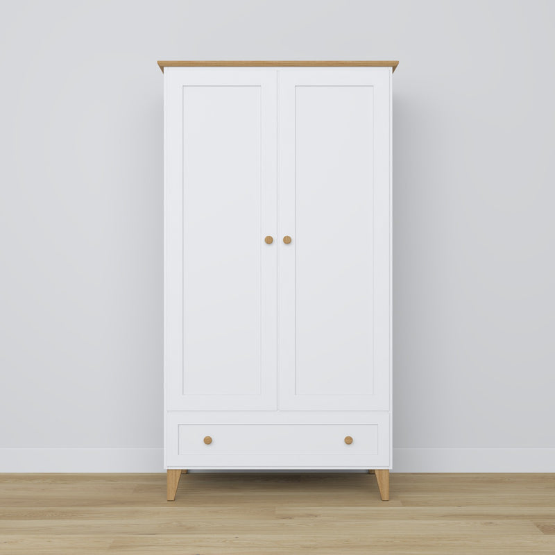 2-türiger Schrank mit Schublade Holz weiß mit Eiche – Schlafzimmer, skandinavischer Stil