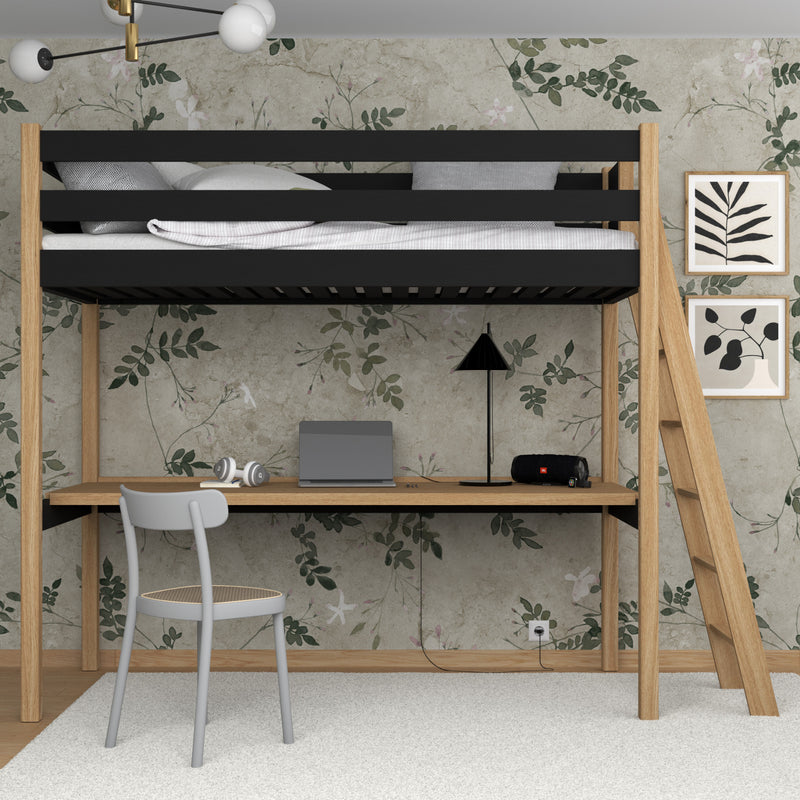 Hochbett mit Schreibtisch aus Holz schwarz-eiche – Kinderzimmer, scandi Nizio