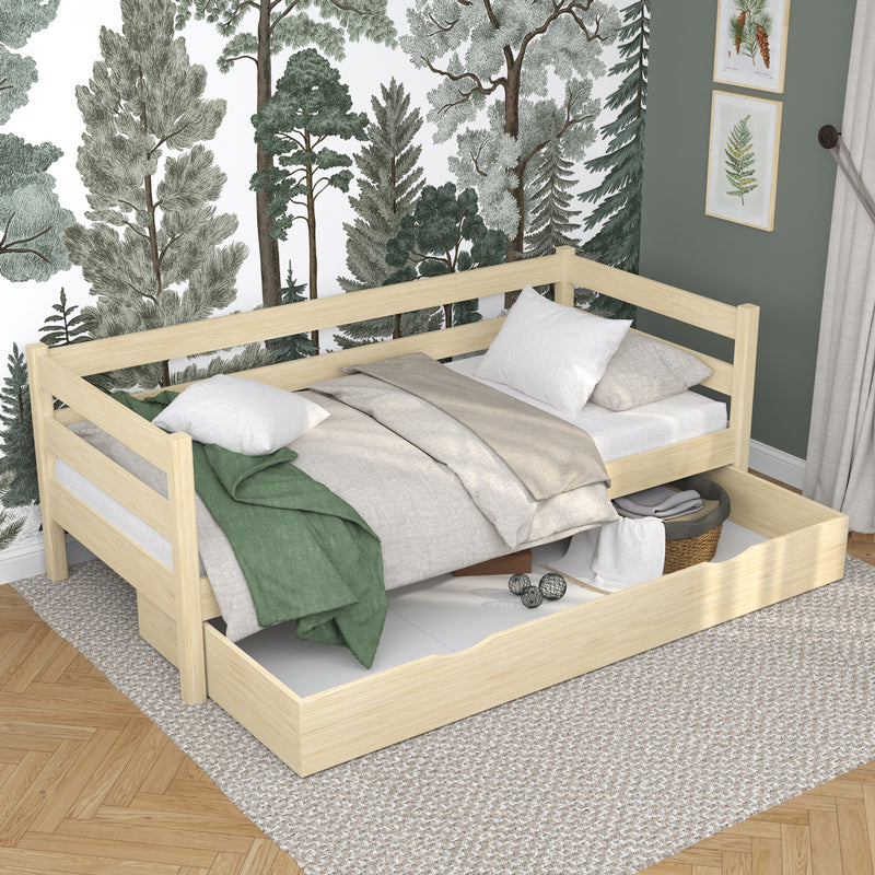 Sofabett mit Schublade aus Holz Kiefer farblos – Kinderzimmer, Scandi-Stil Nizio