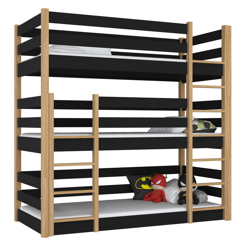 Etagenbett 3-stöckig Holz schwarz mit Eiche – drei Schlafplätze, Scandi-Kinderzimmer