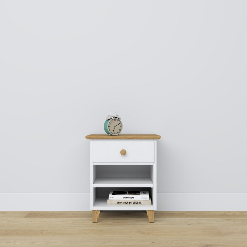 Nachttisch mit Schublade N02 Holz Weiß mit Eiche – Schlafzimmer, skandinavischer Stil