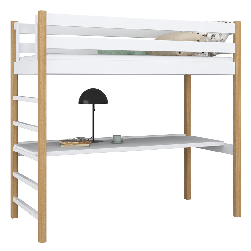 Hochbett mit Schreibtisch aus Holz weiß-eiche – Kinderzimmer, scandi Nizio