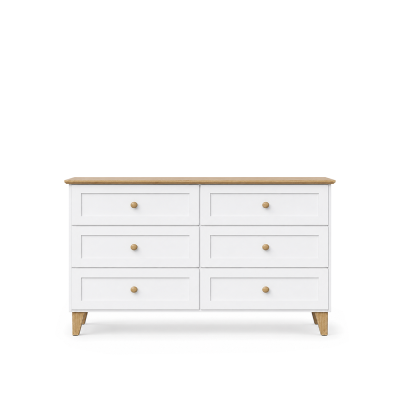 Kommode mit 6 Schubladen Holz weiß mit Eiche 154 cm – Schlafzimmer, skandinavischer Stil