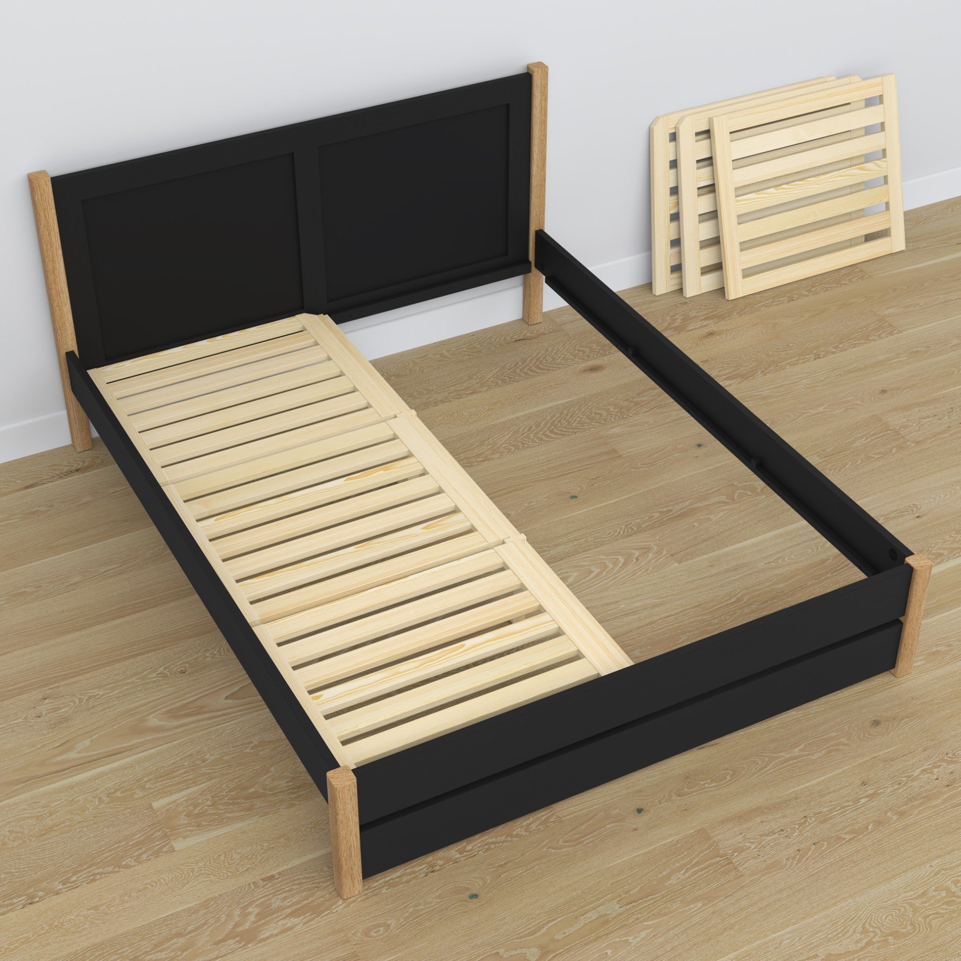 Doppelbett Schwarz mit Eiche aus Holz – Maße und Schema, Nizio Home