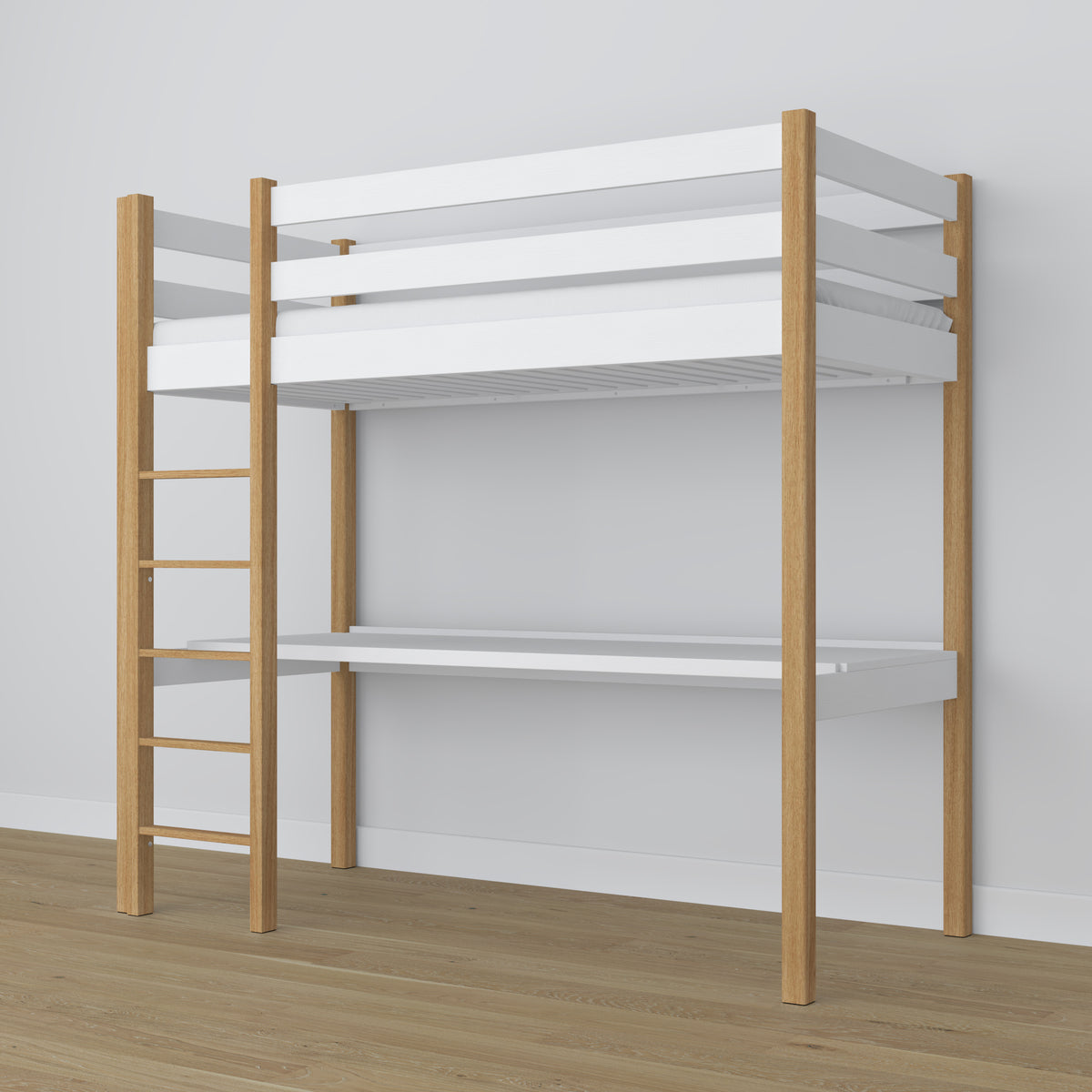 Hochbett mit Schreibtisch aus Holz weiß-eiche – Details der Verbindungen und Leiter