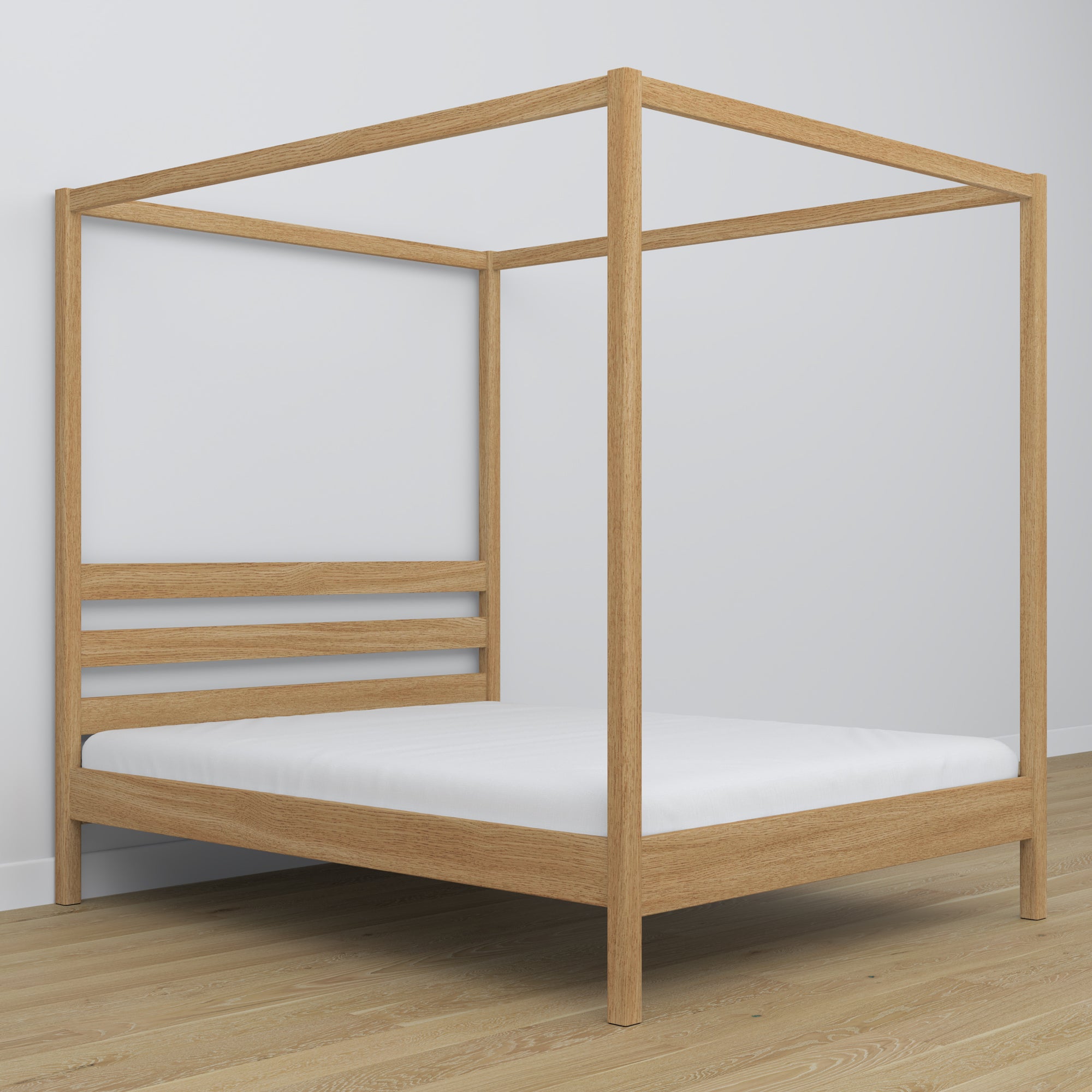 Doppelbett Natureiche mit Baldachin – dekorativer Eichenrahmen, scandi