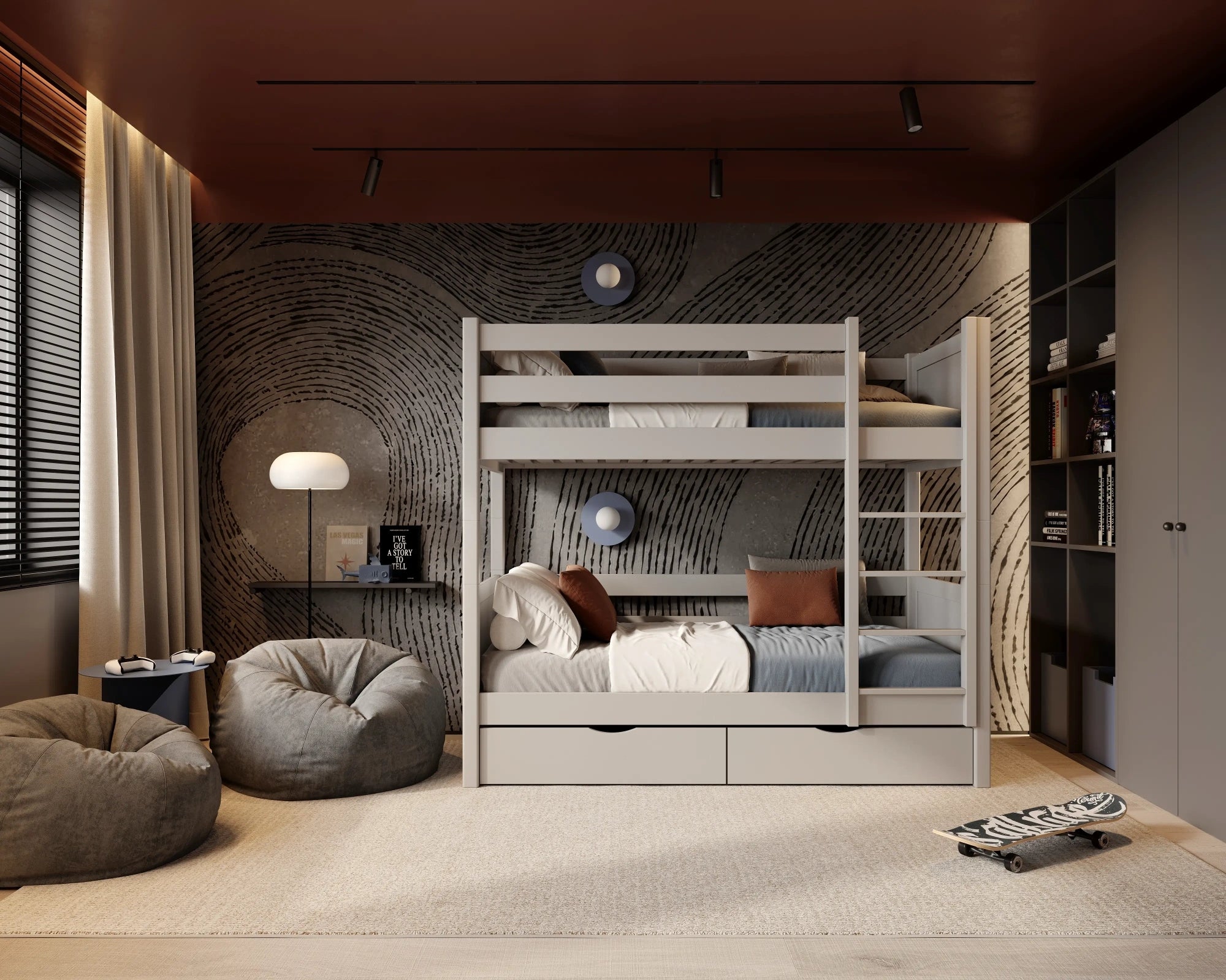Holz-Etagenbett grau mit Schublade – Maße und Schema, Nizio