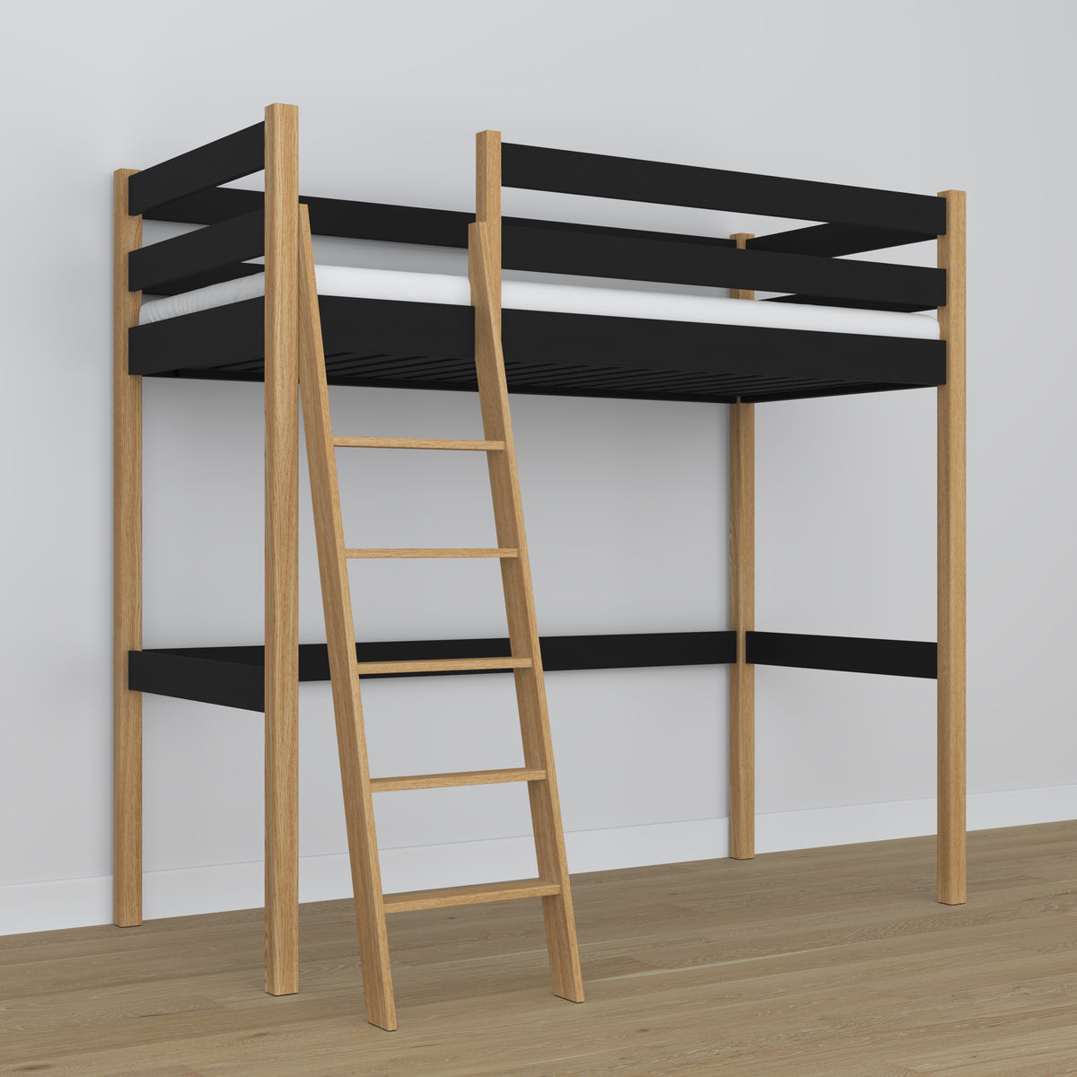 Hochbett schwarz-eiche aus Holz – Abmessungen und Schema, Nizio
