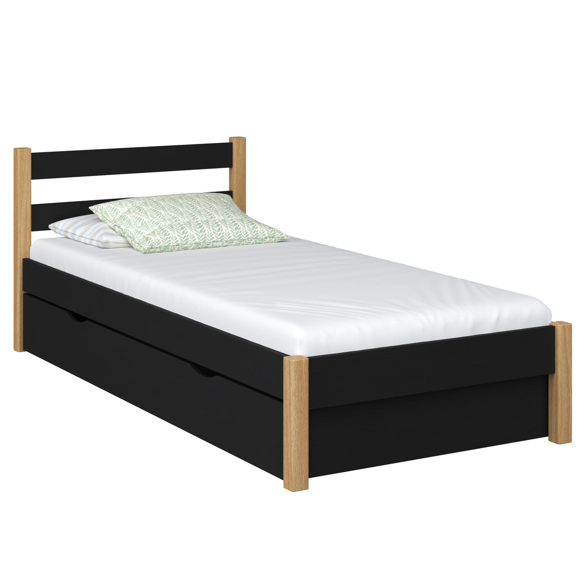 Einzelbett mit Schublade aus Holz Schwarz-Eiche – Kinderzimmer, Scandi-Stil