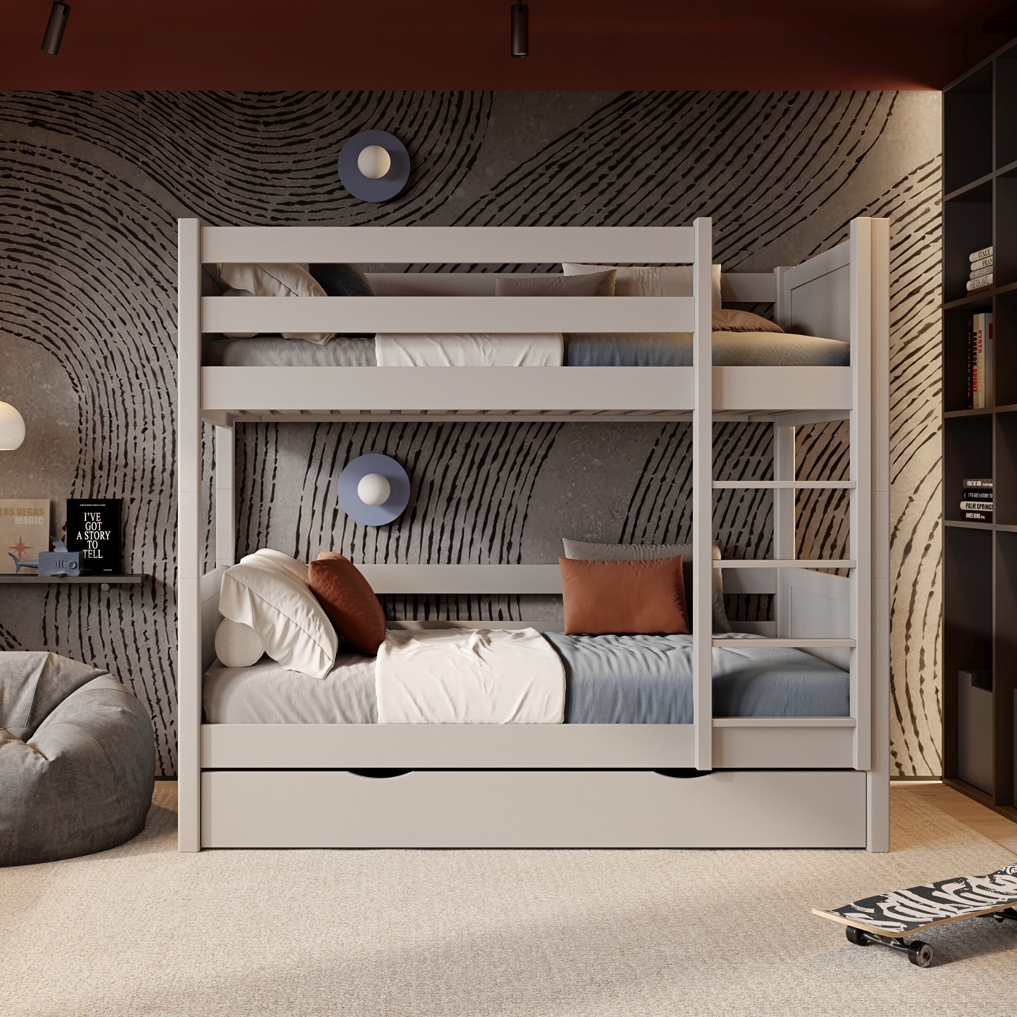 Holz-Etagenbett grau – offene Schublade, geräumiges Staufach unter dem Bett