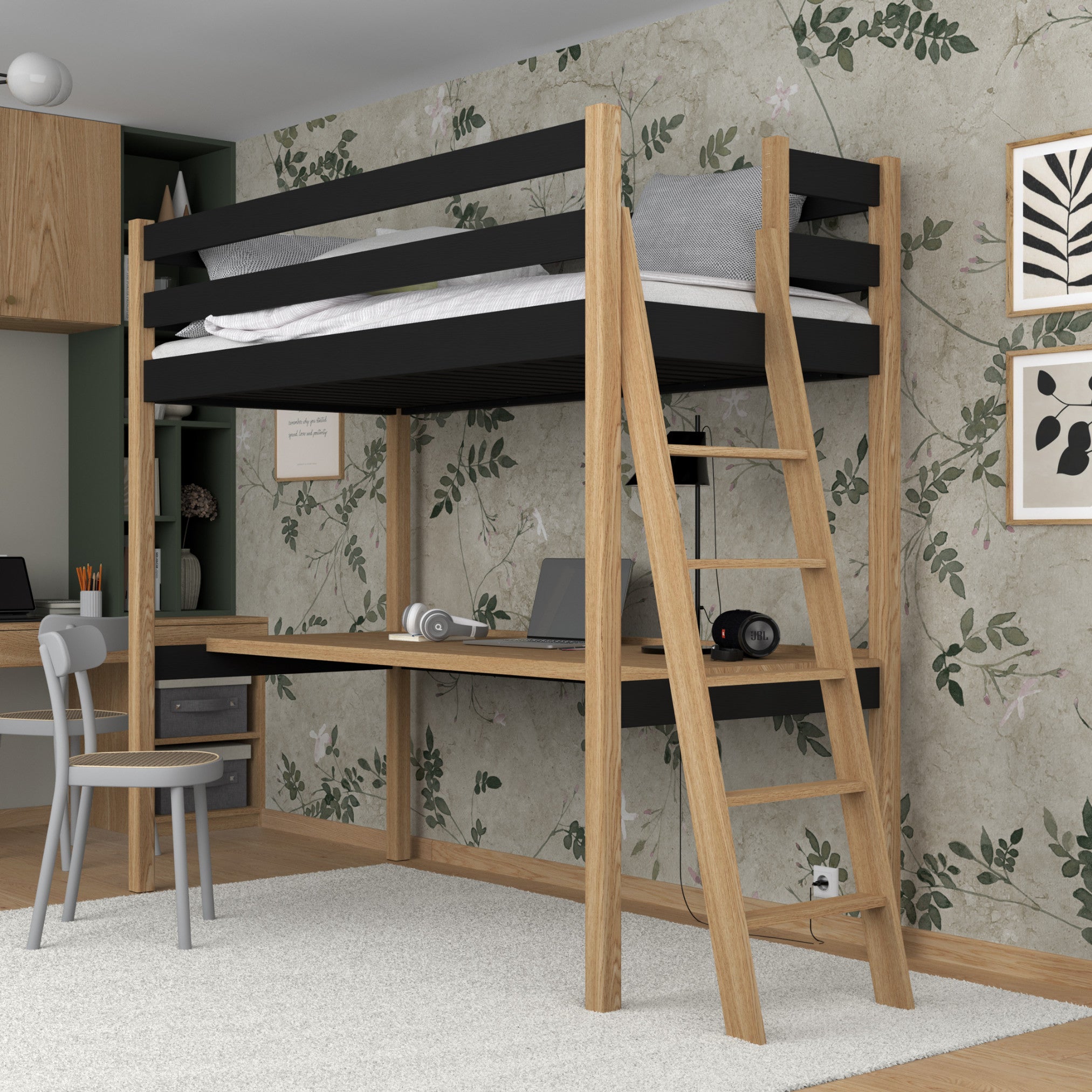 Hochbett mit Schreibtisch aus Holz schwarz-eiche – Leiter und Schutzgeländer