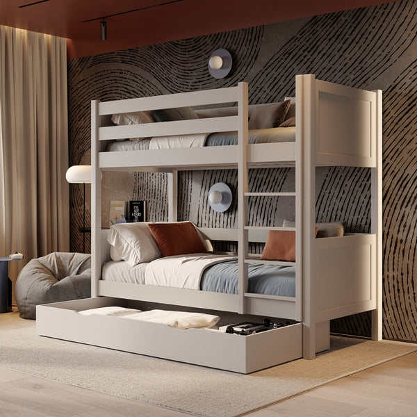 Etagenbett Aschgrau mit Schublade – Schutzgitter und Leiter aus Holz, Nizio
