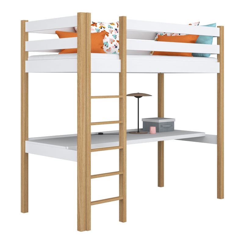 Hochbett mit Schreibtisch aus Holz weiß-eiche – Kinderzimmer, scandi Nizio
