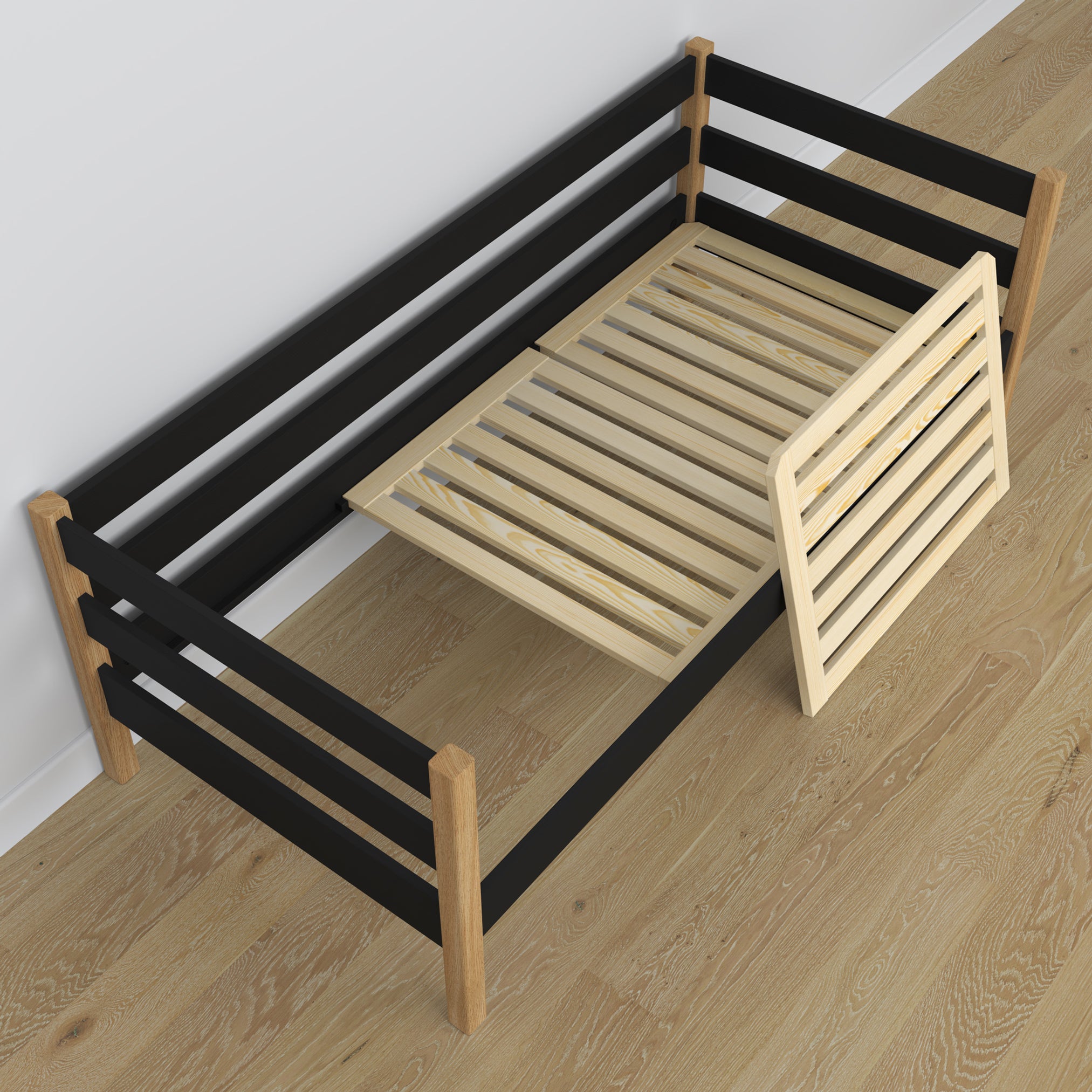 Black-oak sofa bed with mattress drawer made of wood – dimensions, Nizio