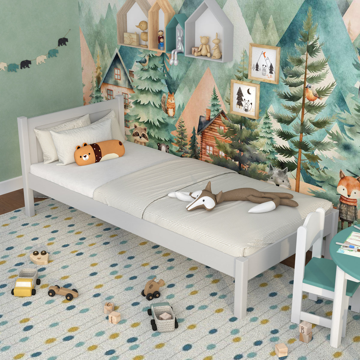 Bett Aschgrau im Kinderzimmer – skandinavische Einrichtung, Holz