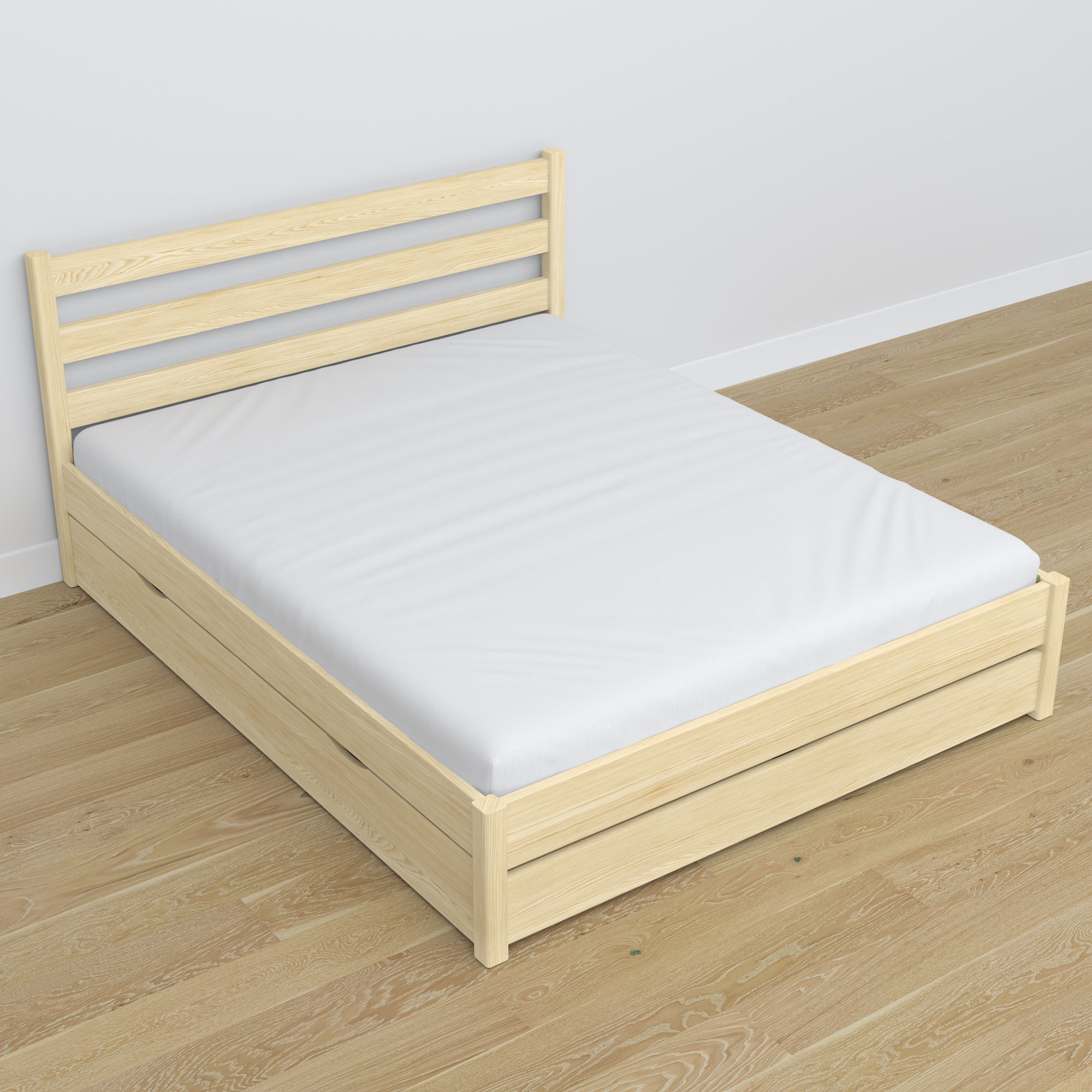 Doppelbett Kiefer farblos – Beine und Basis aus Holz, Nahaufnahme