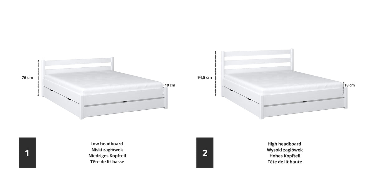 Wooden double bed white – joint and drawer details, Nizio
