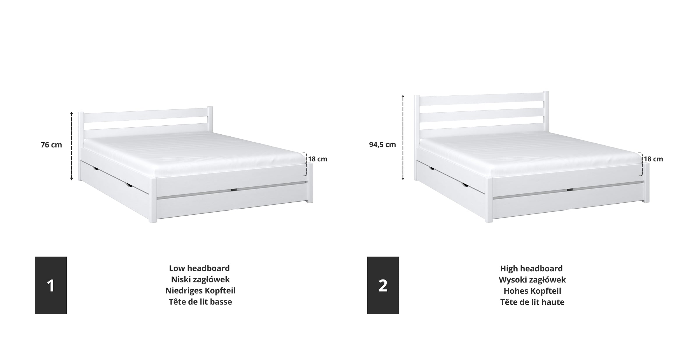 Wooden double bed white – joint and drawer details, Nizio