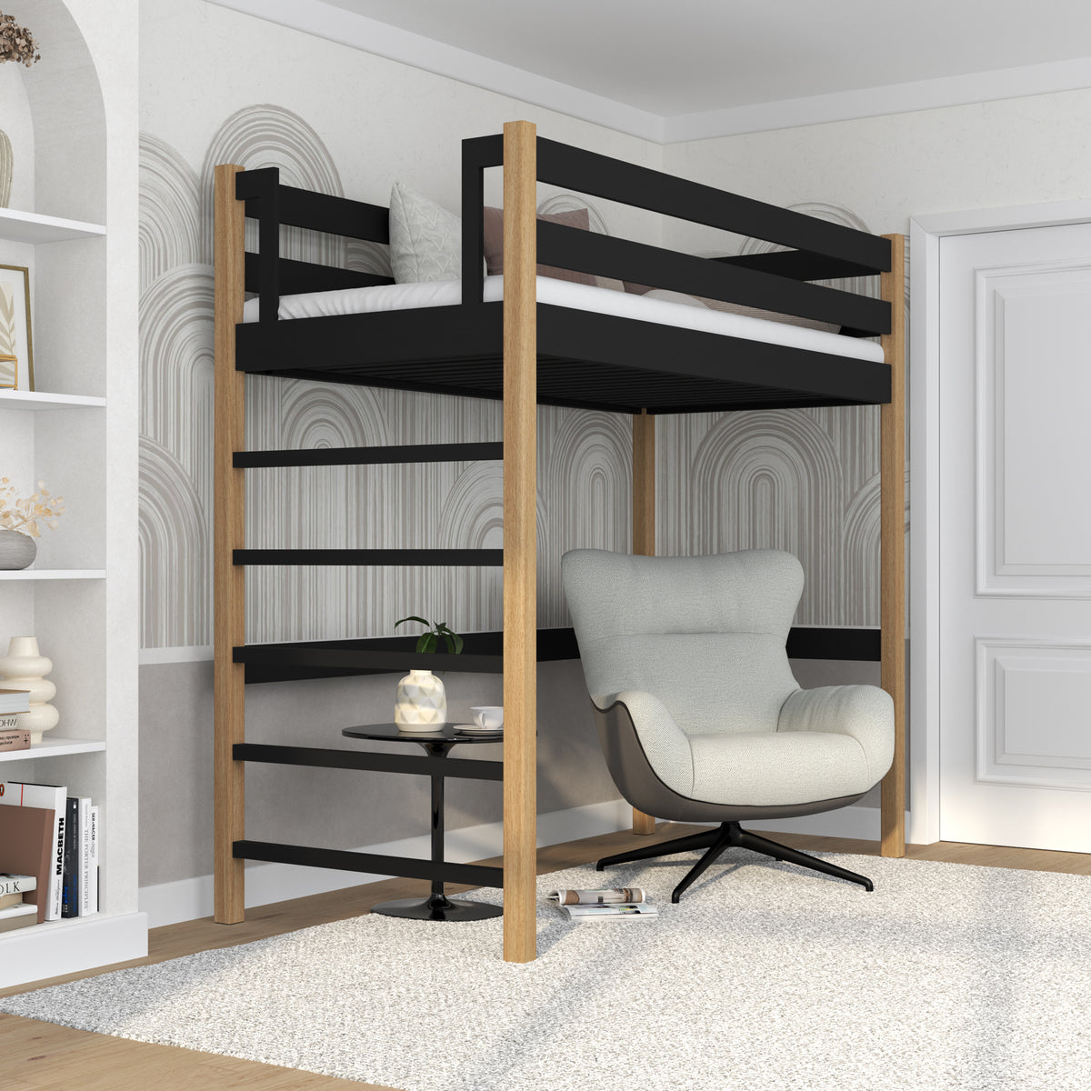 Hochbett aus Holz schwarz-eiche – freier Raum unter dem Schlafbereich, Nizio