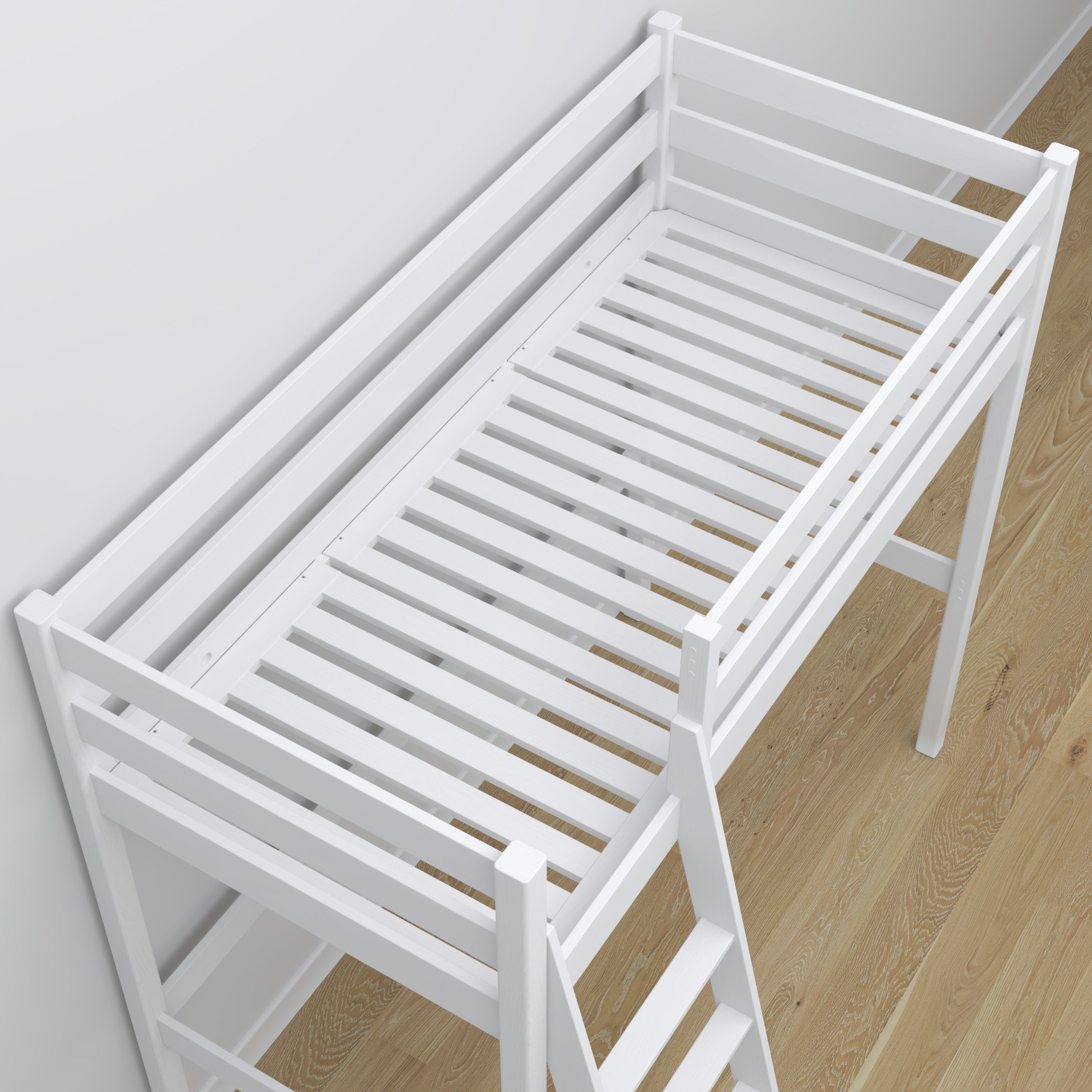 Loft bed white wooden – top view of the sleeping area, Nizio