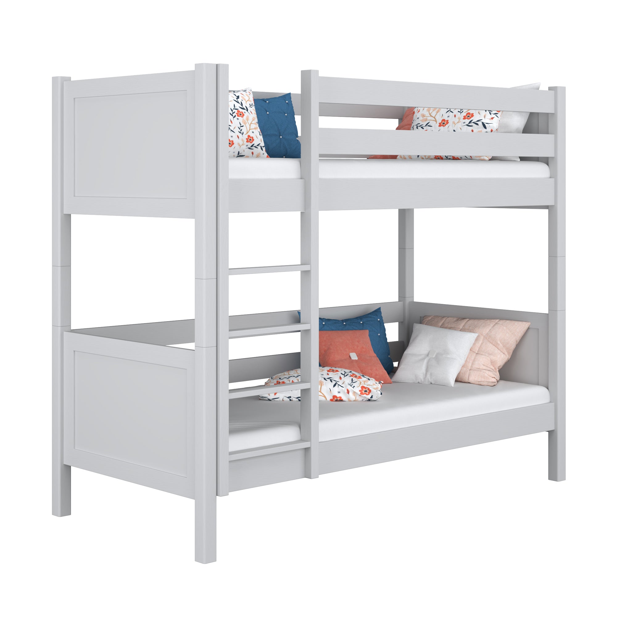 Etagenbett Aschgrau – Leiter und Schutzgitter aus Holz, Nizio Home