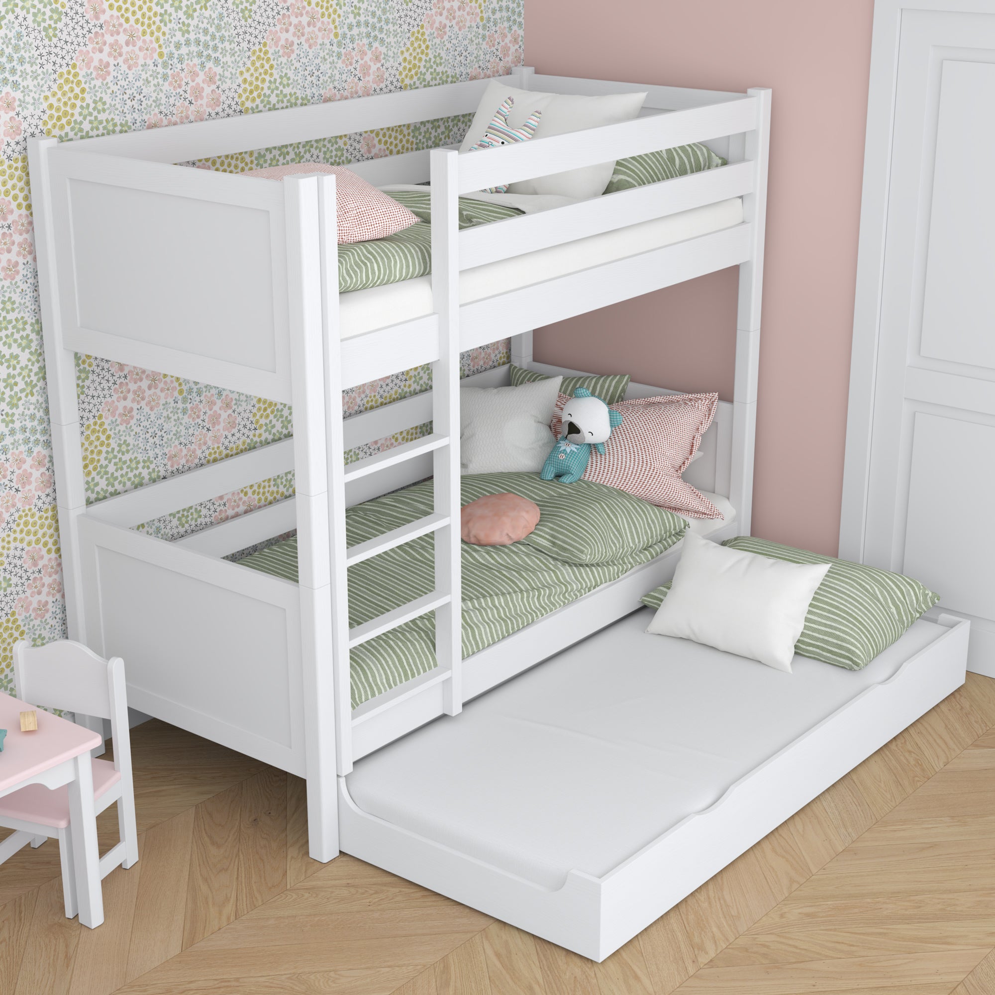 Etagenbett weiß für Kinder – Matratzen-Schublade, aus Holz, Nizio