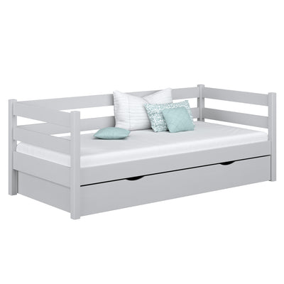Drewniane łóżko sofa z szufladą N01 popielaty – widok ogólny, lite drewno sosnowe