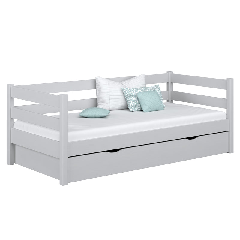 Drewniane łóżko sofa z szufladą N01 popielaty – widok ogólny, lite drewno sosnowe