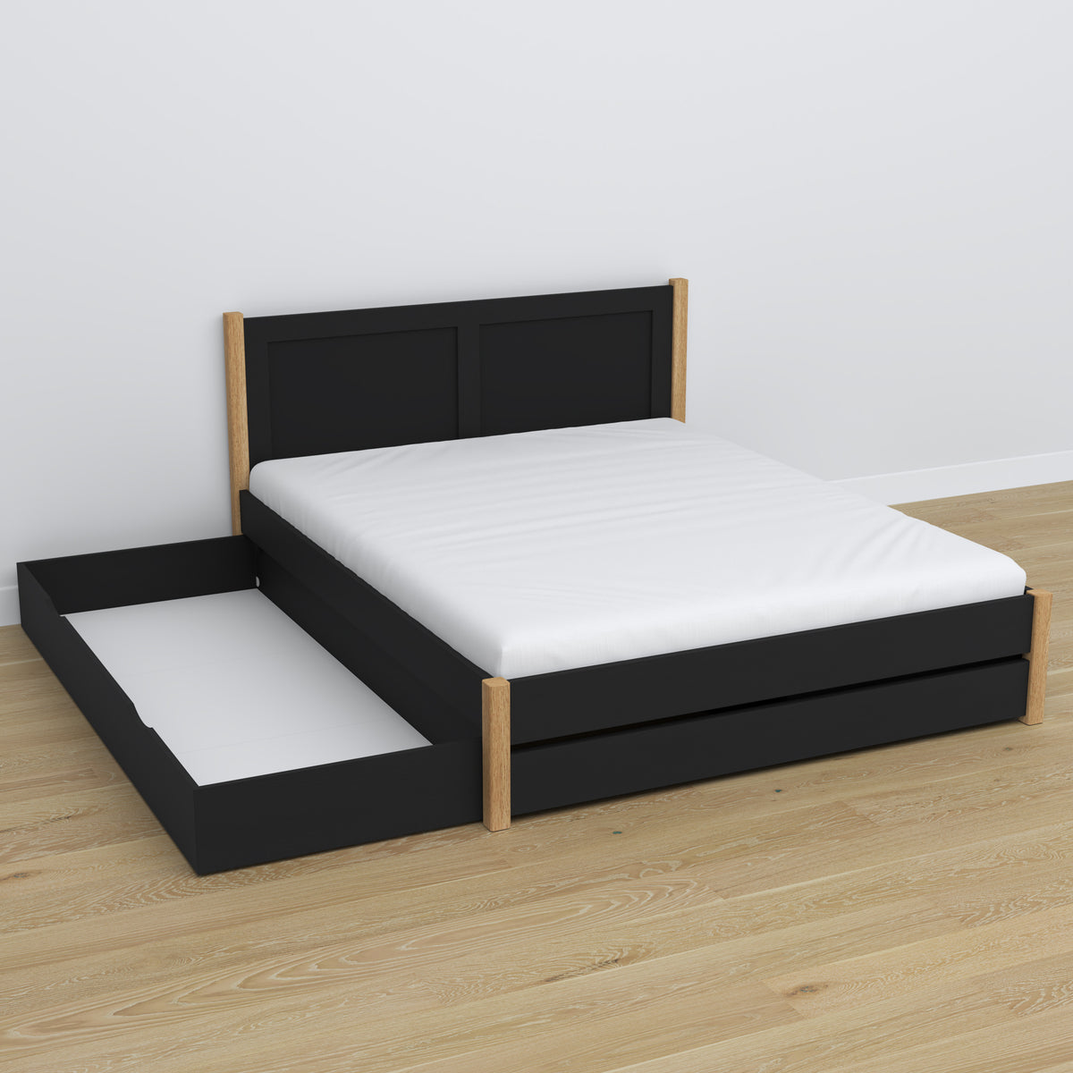 Doppelbett mit Schublade aus Holz schwarz mit Eiche – geöffnete Schublade, geräumiges Inneres