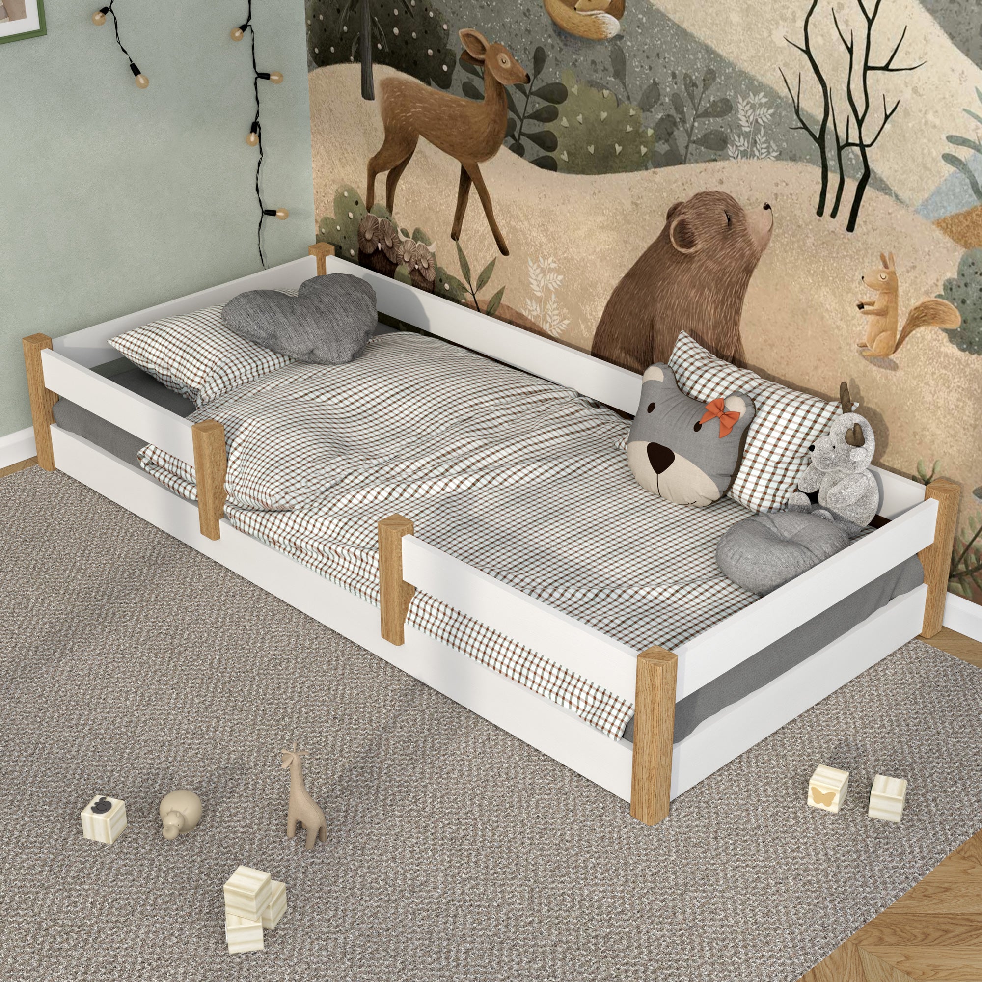 Wooden low bed N01 white / oak