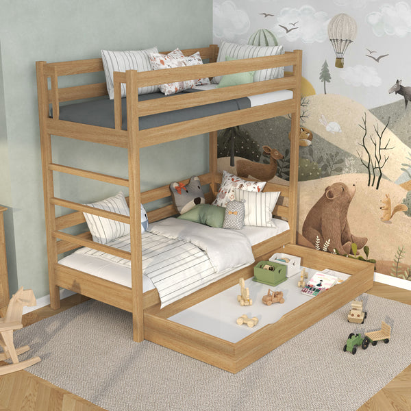 Etagenbett Natureiche mit Schublade – Schutzgitter und Leiter aus Eiche, Nizio