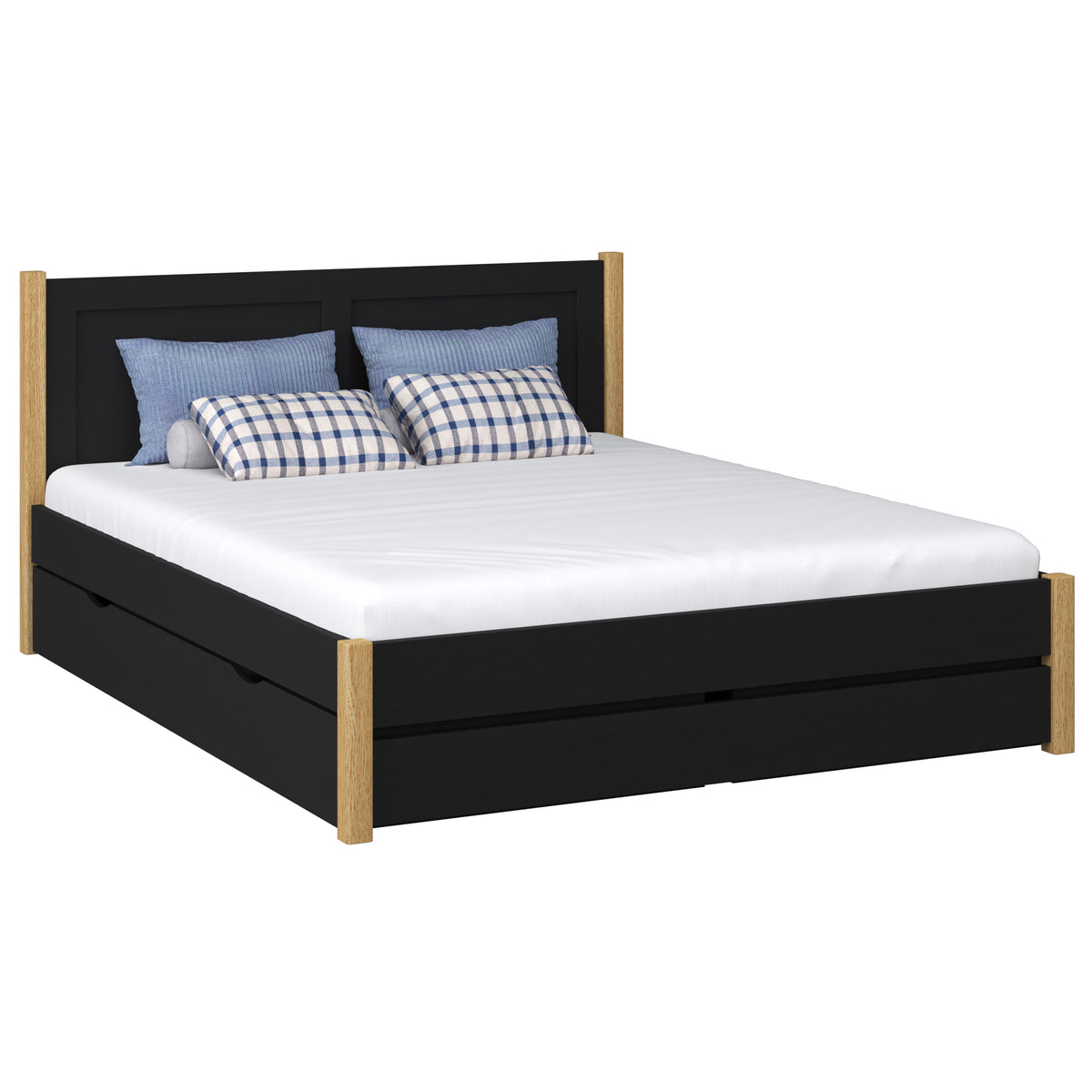 Doppelbett mit Schublade aus Holz schwarz mit Eiche – Schlafzimmer, Stauraum, Scandi-Stil