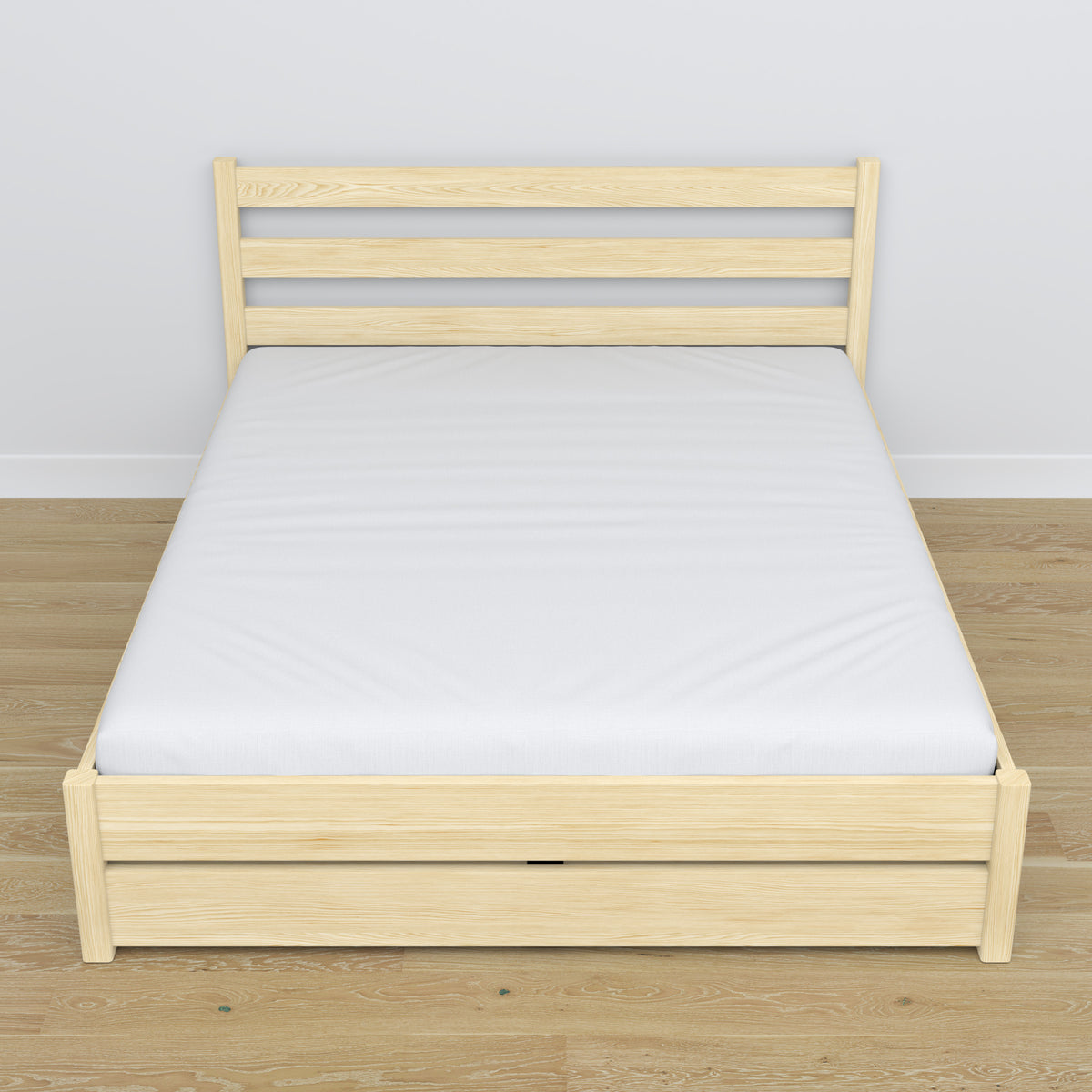 Doppelbett mit Schublade aus Holz Kiefer farblos – Schrägansicht, Scandi-Schlafzimmer