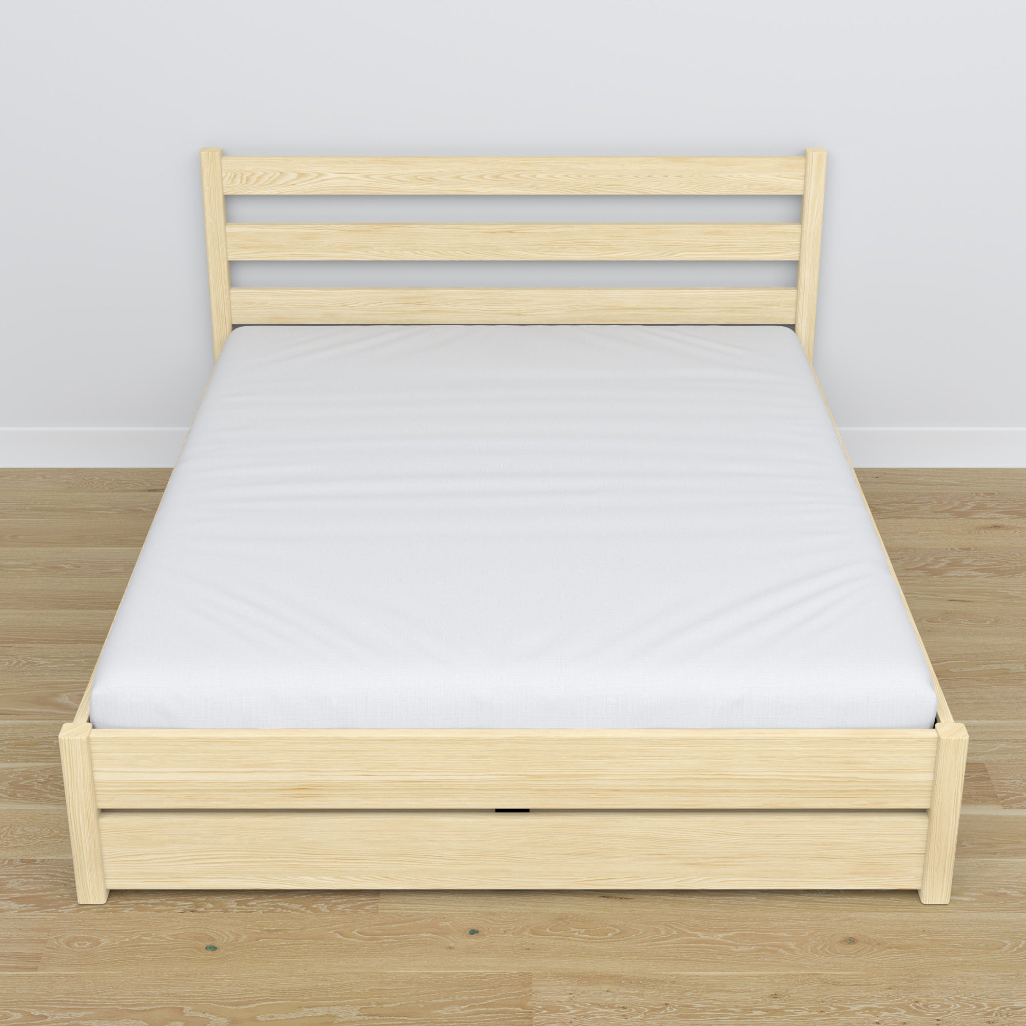 Doppelbett mit Schublade aus Holz Kiefer farblos – Schrägansicht, Scandi-Schlafzimmer