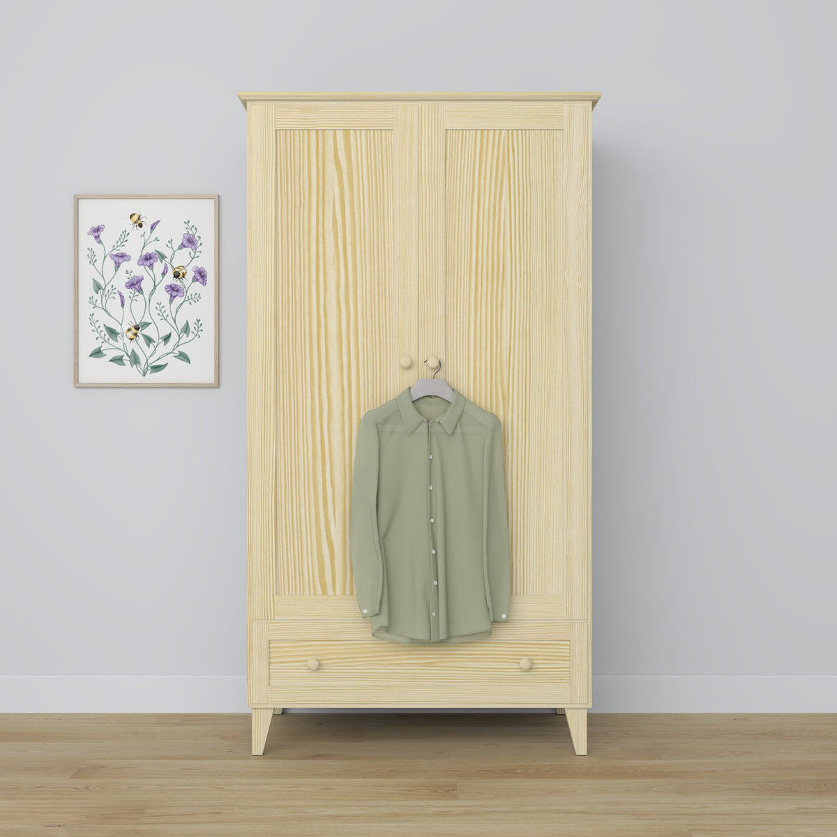2-türiger Schrank mit Schublade Kiefernholz Kiefer farblos – Schlafzimmer, skandinavischer Stil