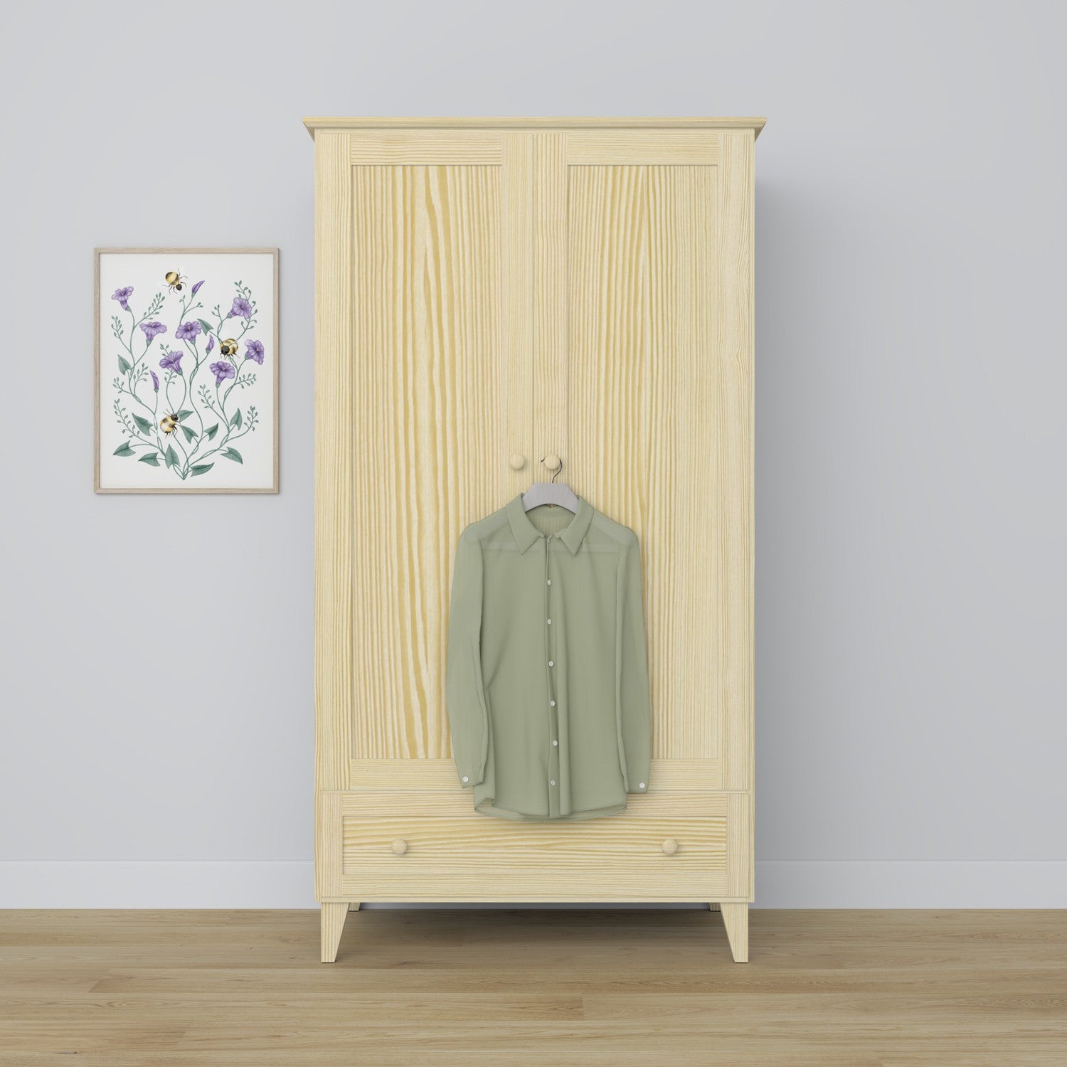 2-türiger Schrank mit Schublade Kiefernholz Kiefer farblos – Schlafzimmer, skandinavischer Stil