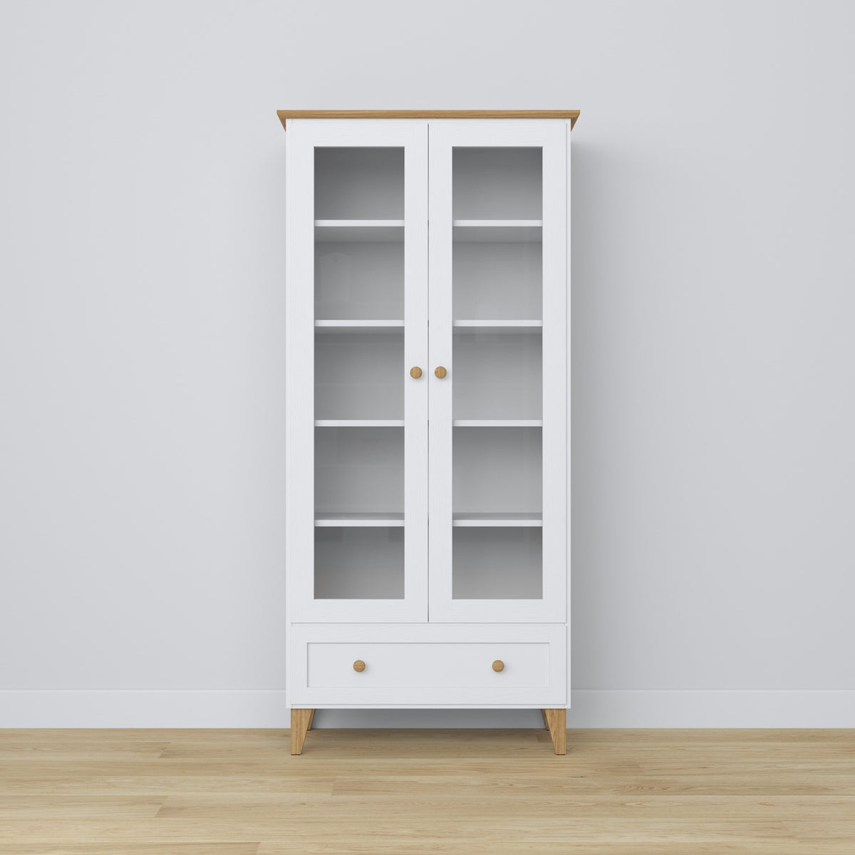 Vitrine 1S Holz Weiß mit Eiche – Schublade geöffnet, Stauraum für Kleinigkeiten