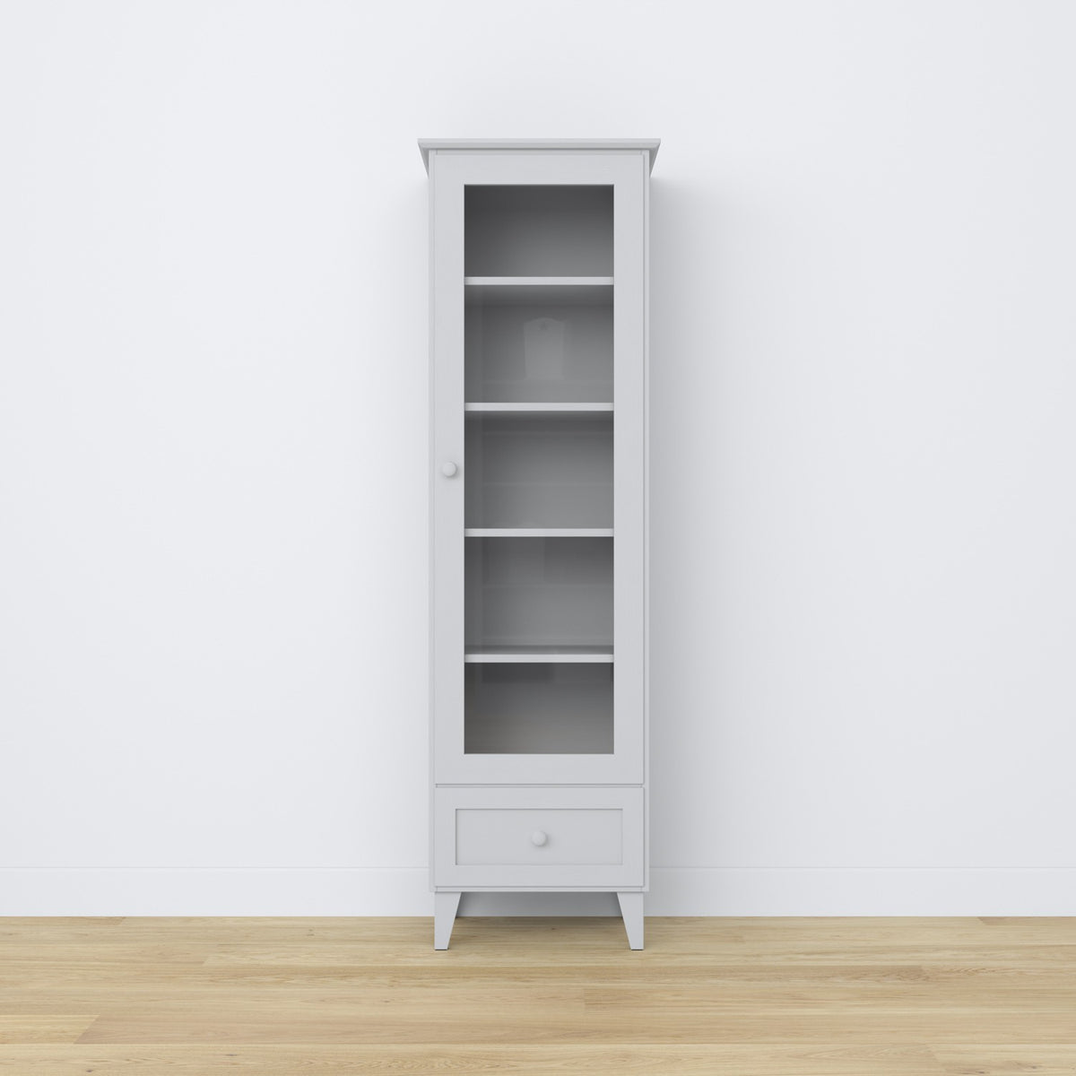 Vitrine 1S 57 Aschgrau – Scharniere der Glastüren, Holz, Nahaufnahme