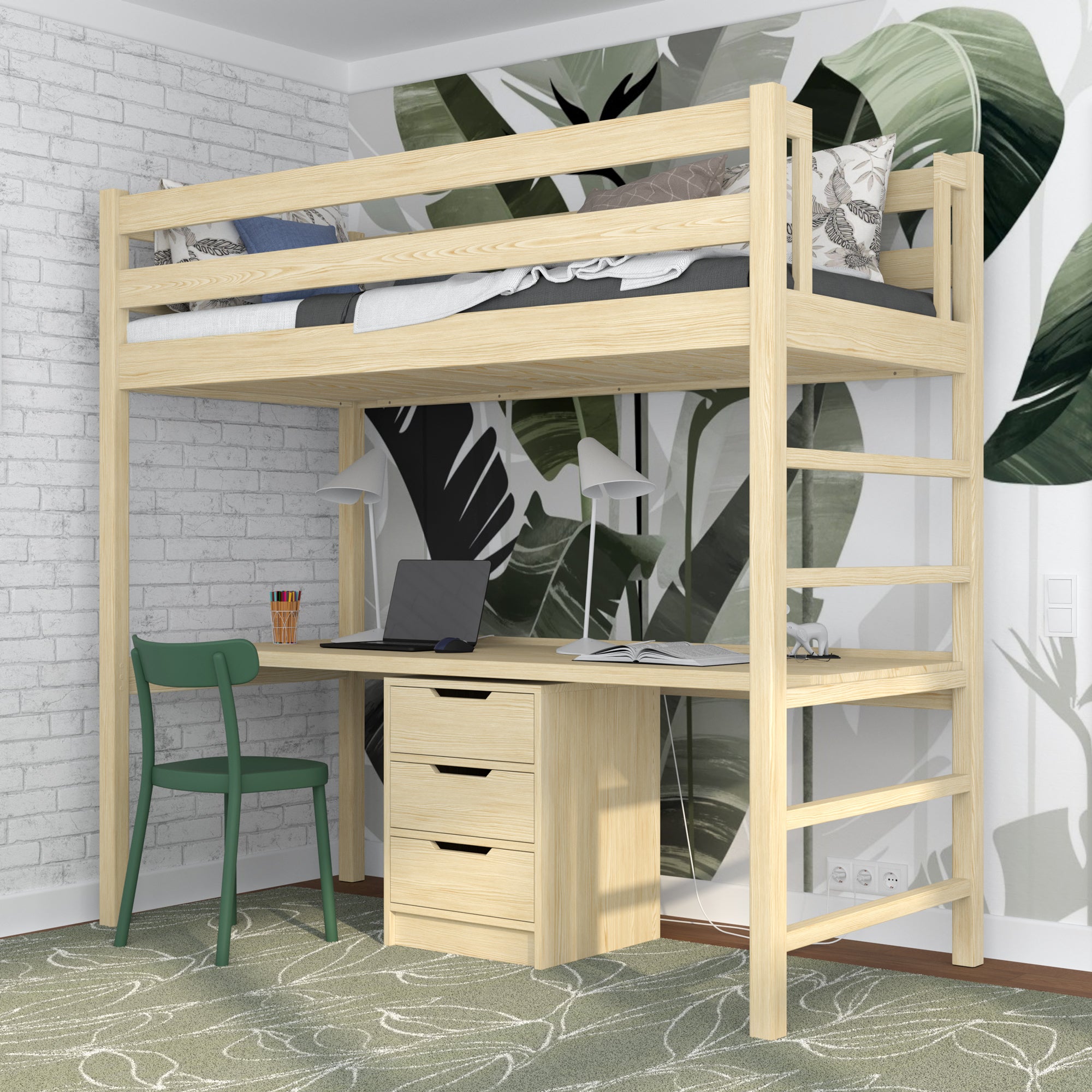 Hochbett mit Schreibtisch aus Holz Kiefer farblos – Leiter und Schutzgeländer