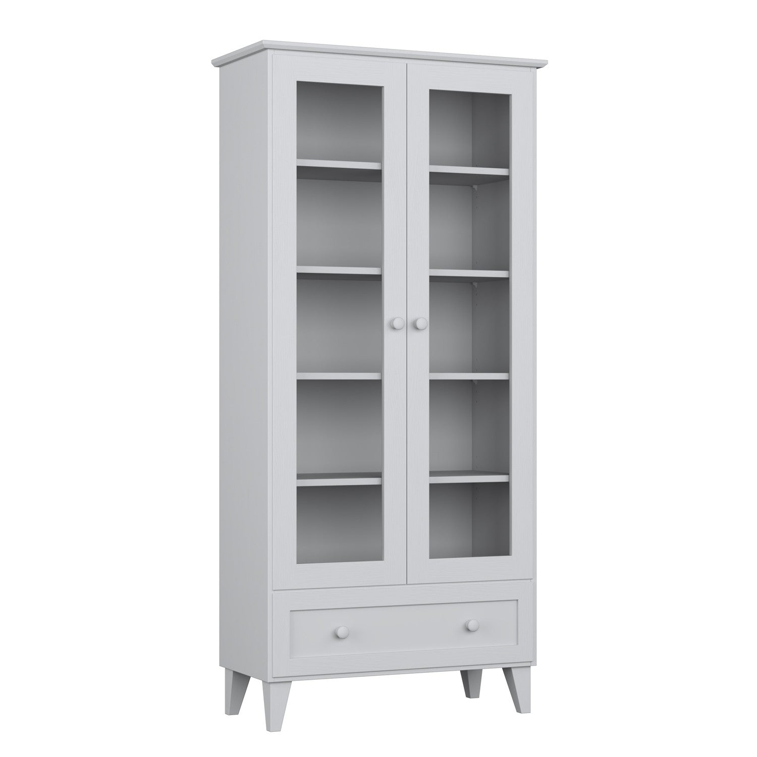 Vitrine 1S 90 Aschgrau aus Holz – Seitenansicht, Tiefe und Profil