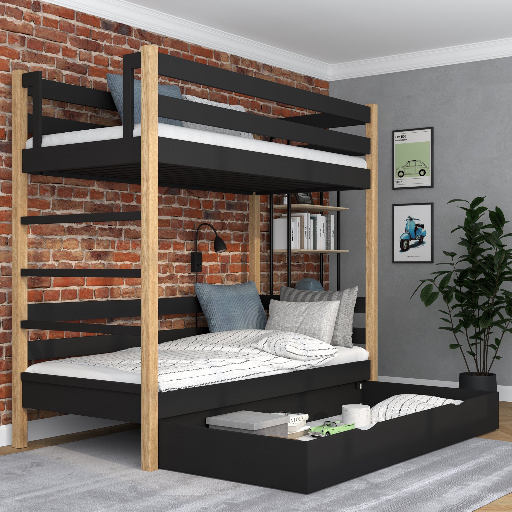 Holz-Etagenbett schwarz-eiche – Schublade geöffnet, geräumiges Staufach unter dem Bett