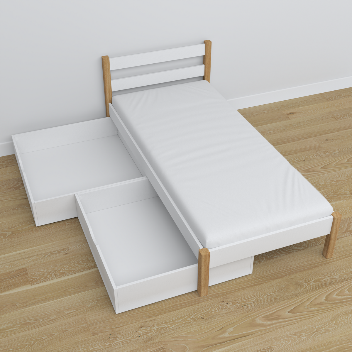 Bed white/oak with drawer wooden – angled view