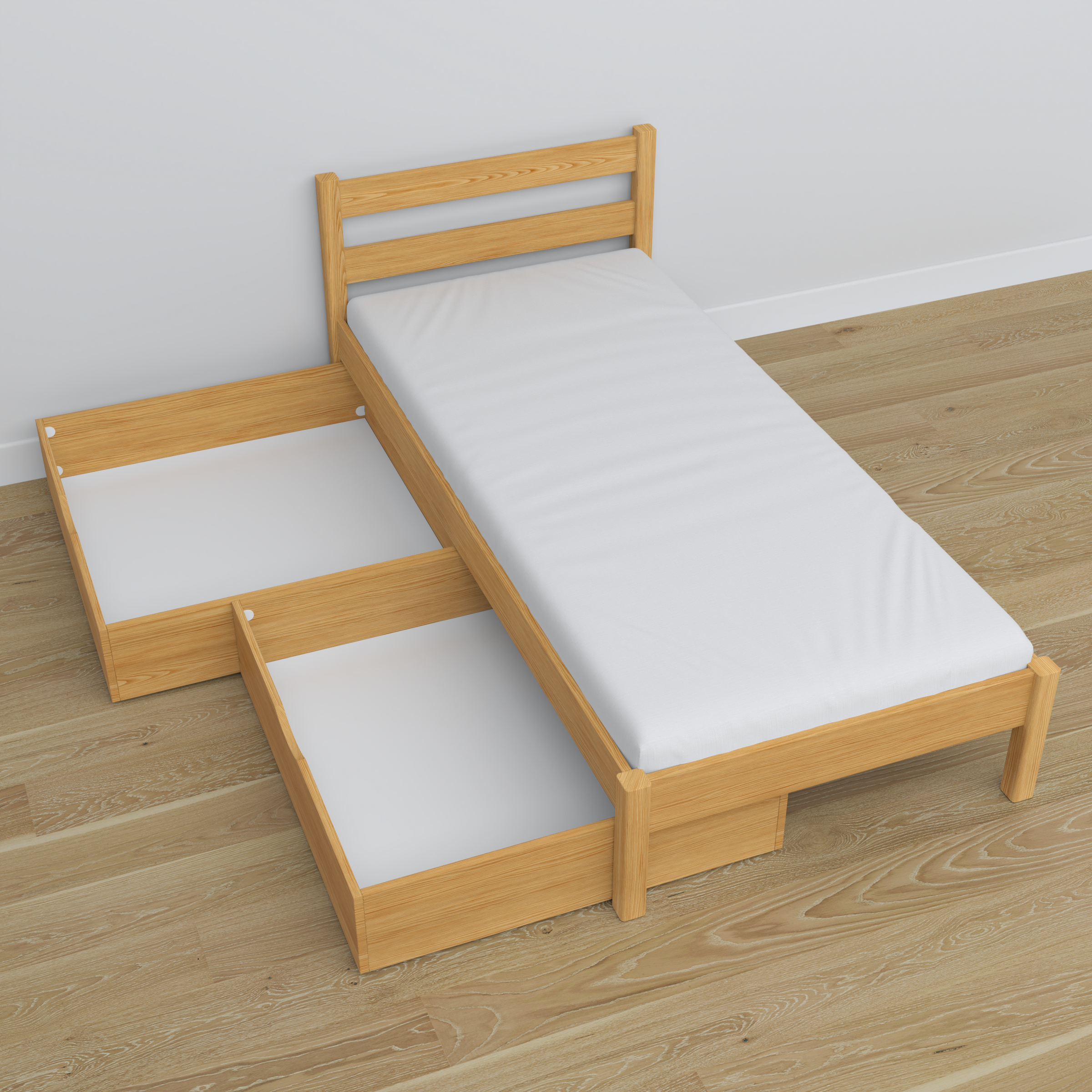 Bett Kiefer natur mit Schublade aus Holz – Schrägansicht