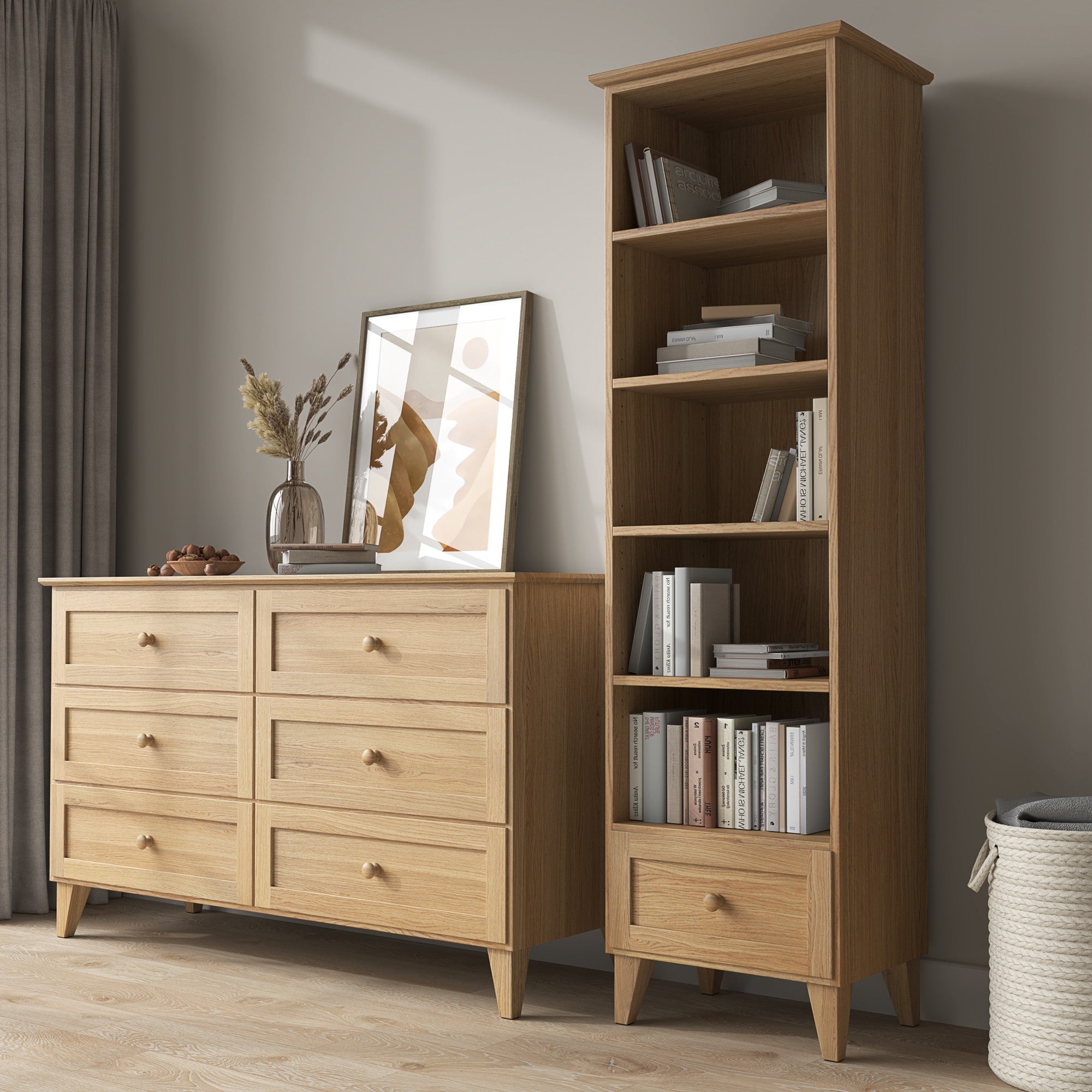Chest of drawers 6S natural oak wood – side view, depth and profile