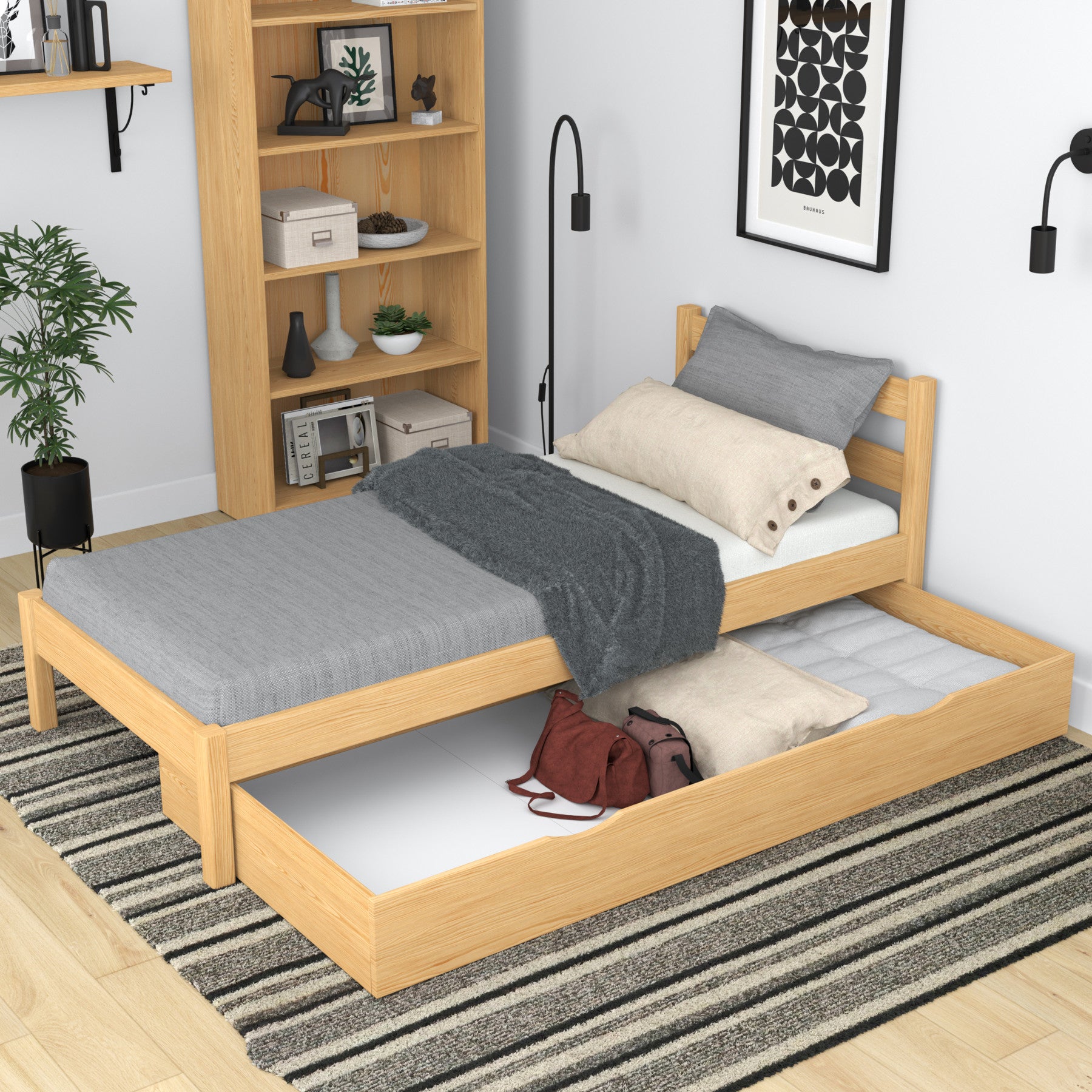 Bett Kiefer natur mit Schublade – geräumiges Staufach, Holz, für Kinder Nizio