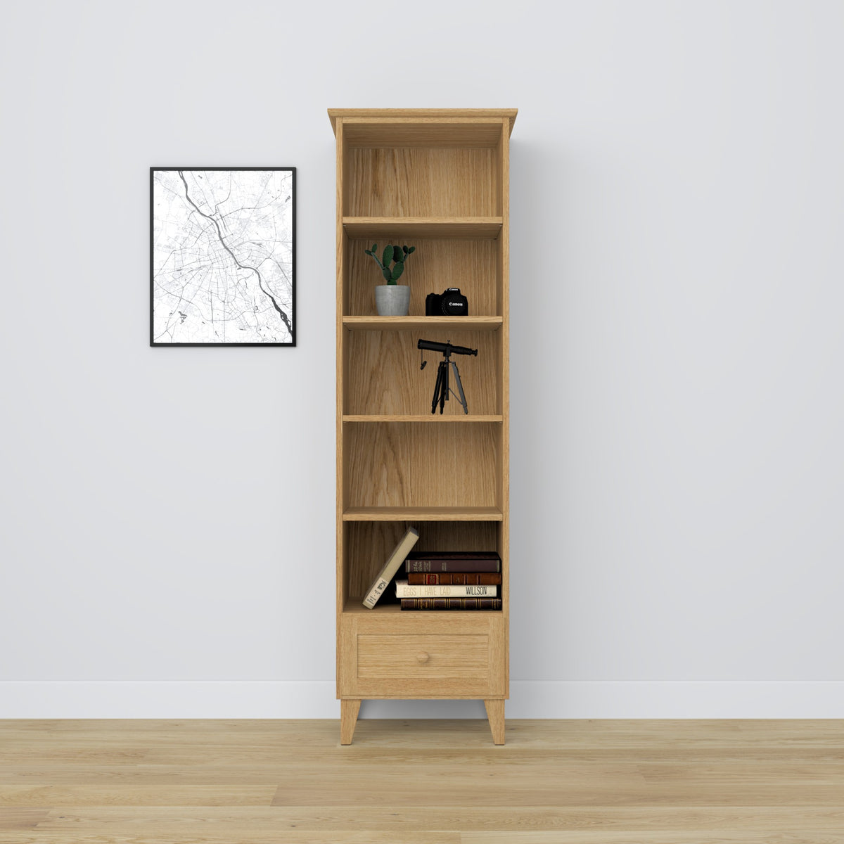 Regal mit Schublade Eichenholz Eiche natur 57 cm – Wohnzimmer und Arbeitszimmer, skandinavischer Stil