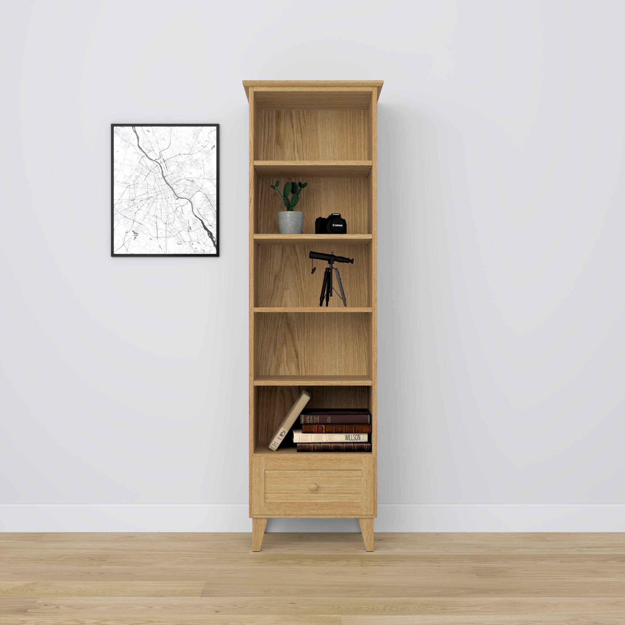 Regal mit Schublade Eichenholz Eiche natur 57 cm – Wohnzimmer und Arbeitszimmer, skandinavischer Stil