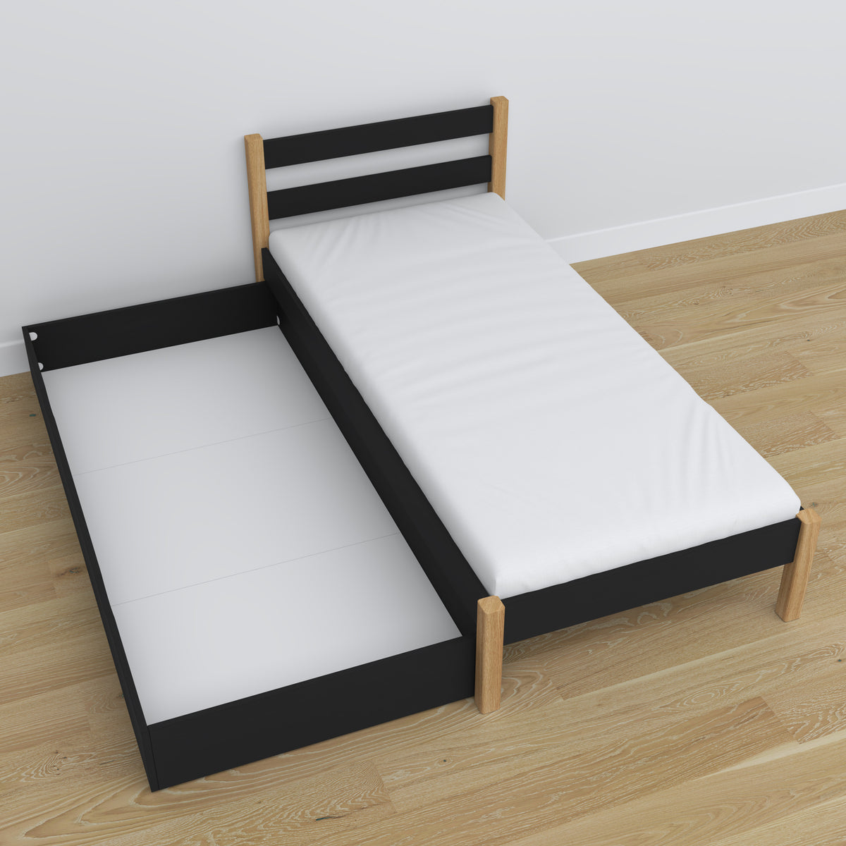 Bett schwarz-eiche mit Schublade aus Holz – Schrägansicht