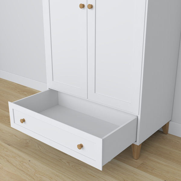 Schrank 2D1S Holz weiß mit Eiche – Seitenansicht, Tiefe und Proportionen des Möbelstücks