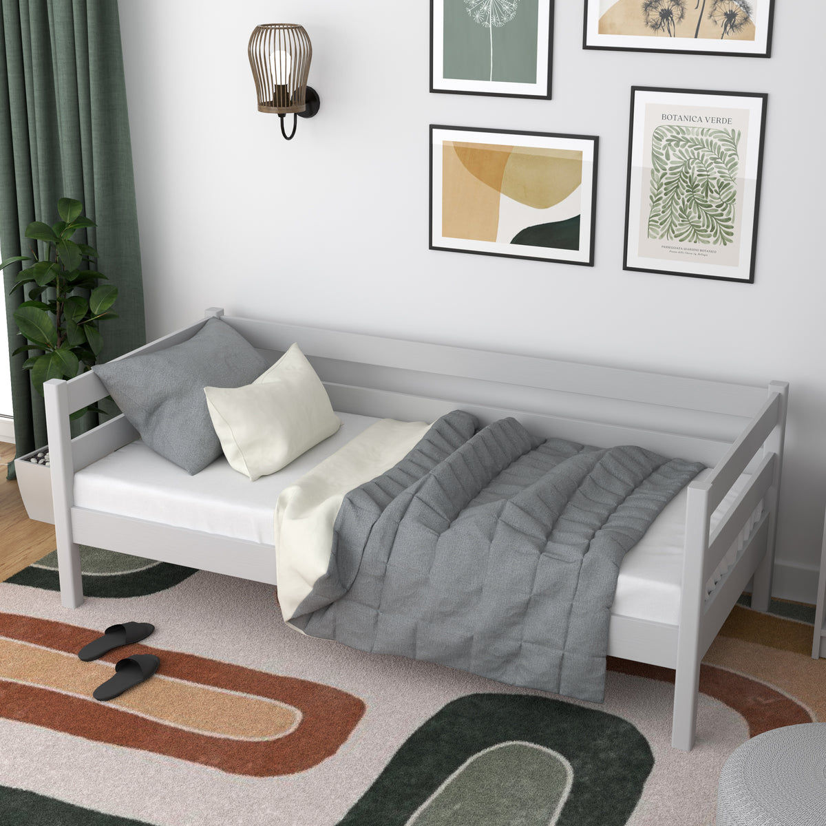 Łóżko sofa N01 popielaty – widok z boku, solidna konstrukcja drewniana
